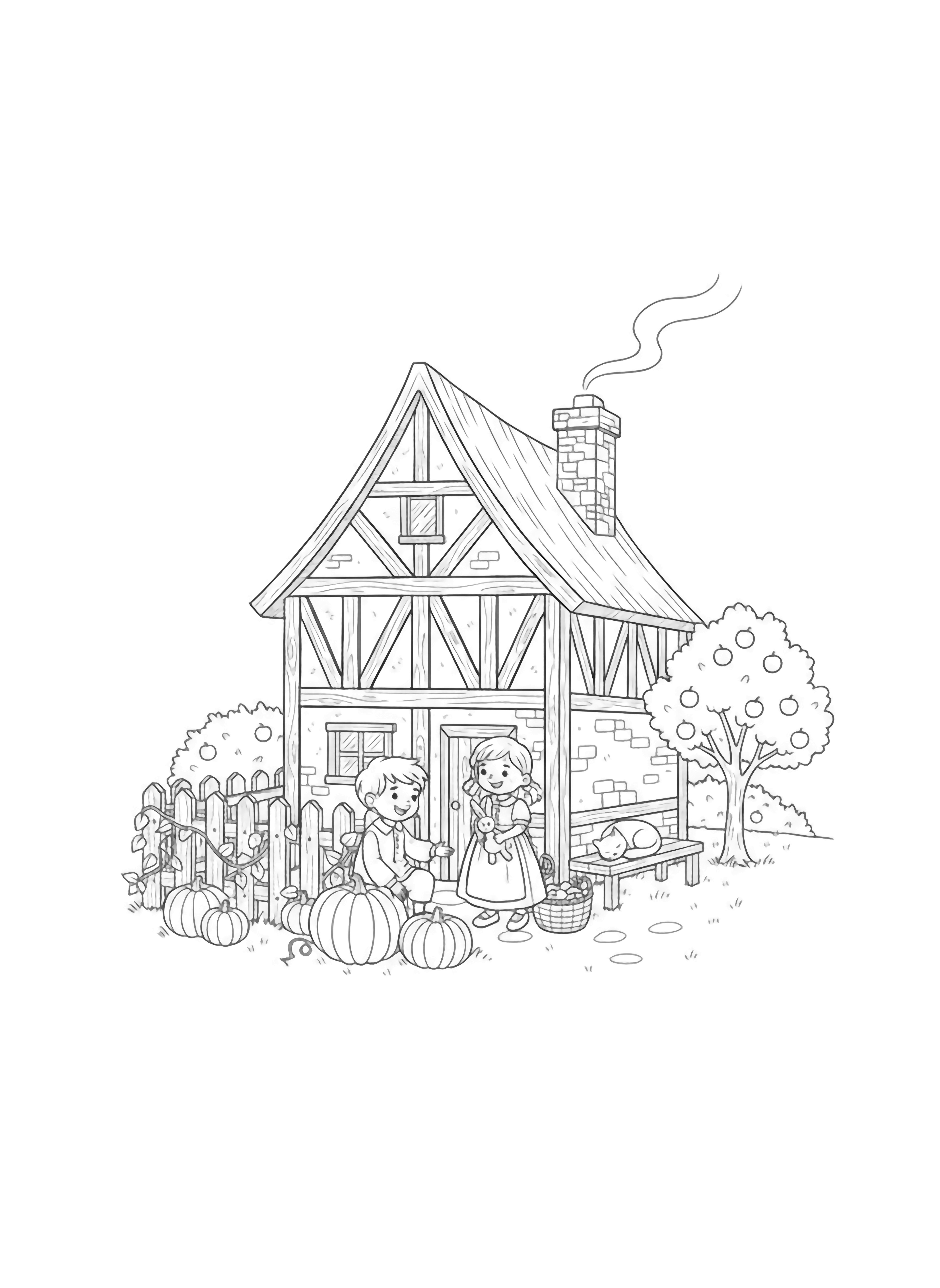 A black and white page of a snug medieval cottage during a gentle autumn afternoon Timber beams crisscross the walls and a curly wisp of smoke rises from the stone chimney In the fenced garden pumpkins climb winding vines baskets wait to be filled with apples and a sleepy cat curls on a wooden clean black and white line drawing minimal shading no colour no fill kleurplaat