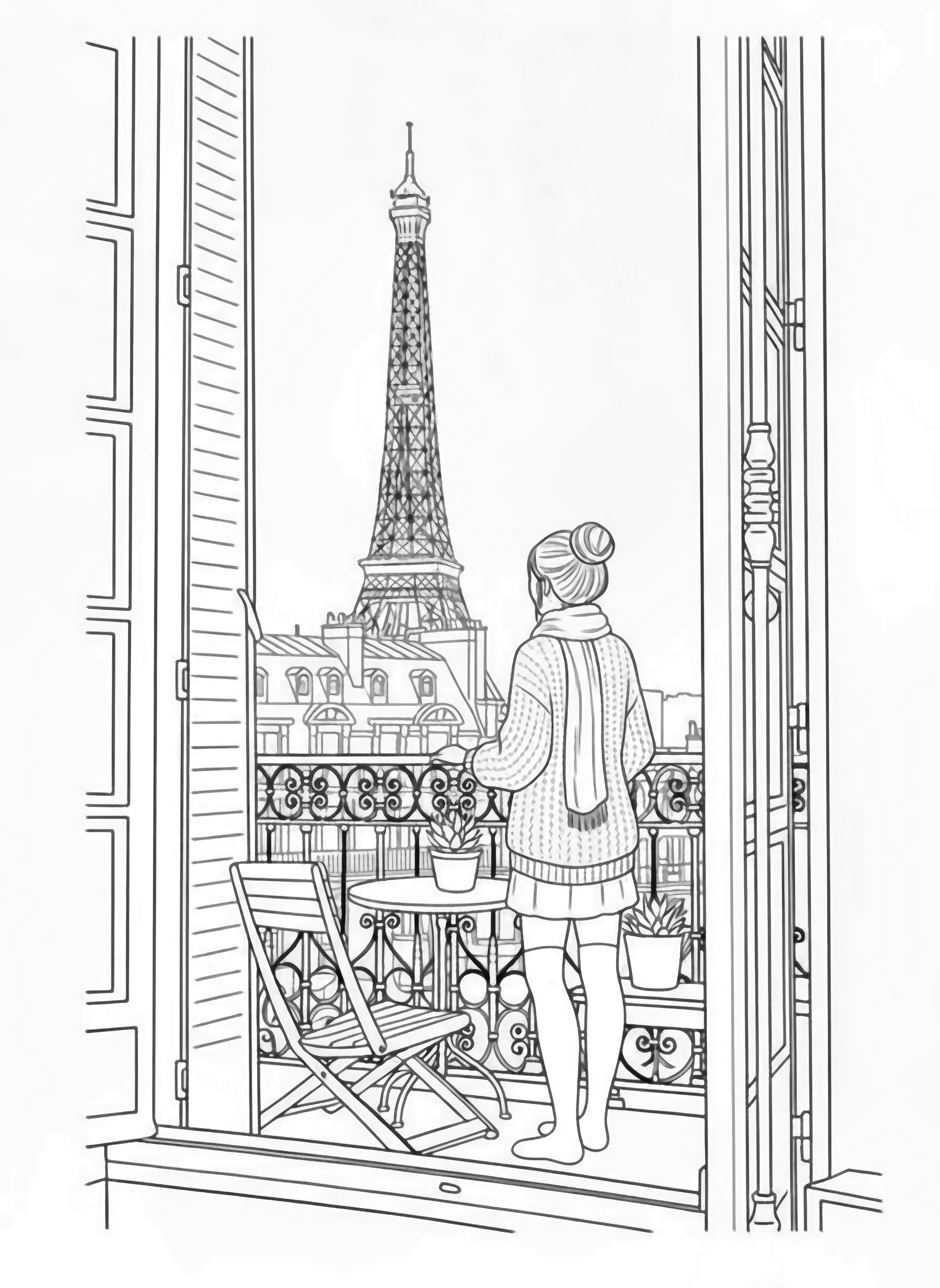 A view of the Eiffel Tower from a balcony with open doors, a wooden chair, and a small table, set against a city skyline. kleurplaat