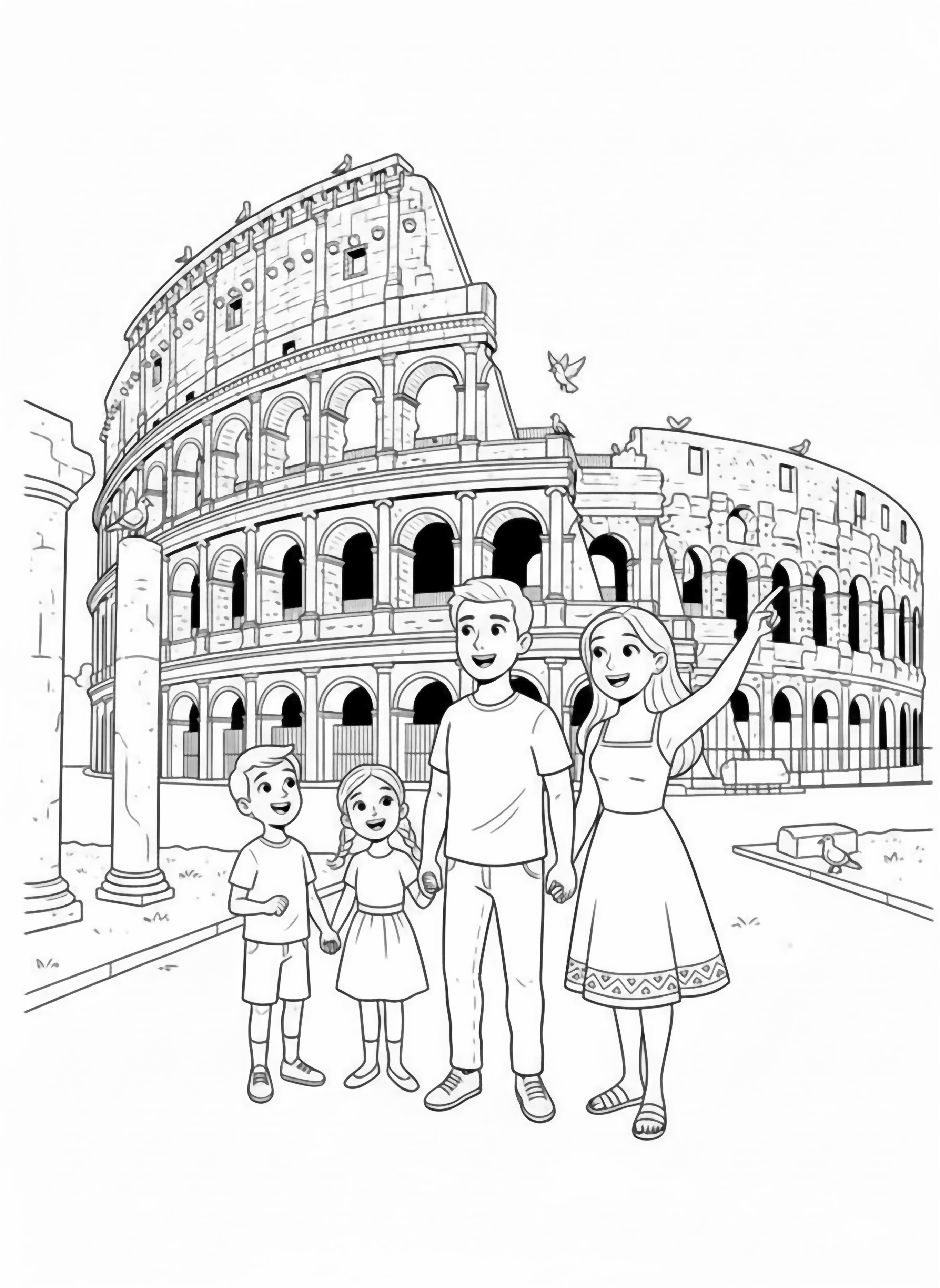 A black and white page showing a happy family of four exploring the grand Colosseum in Italy The two cheerful children holding their parents' hands gaze upward in wonder at the ancient stone arches towering above them The parents smile warmly as they point out interesting architectural details to their kids Pigeons perch clean black and white line drawing minimal shading no colour no fill kleurplaat