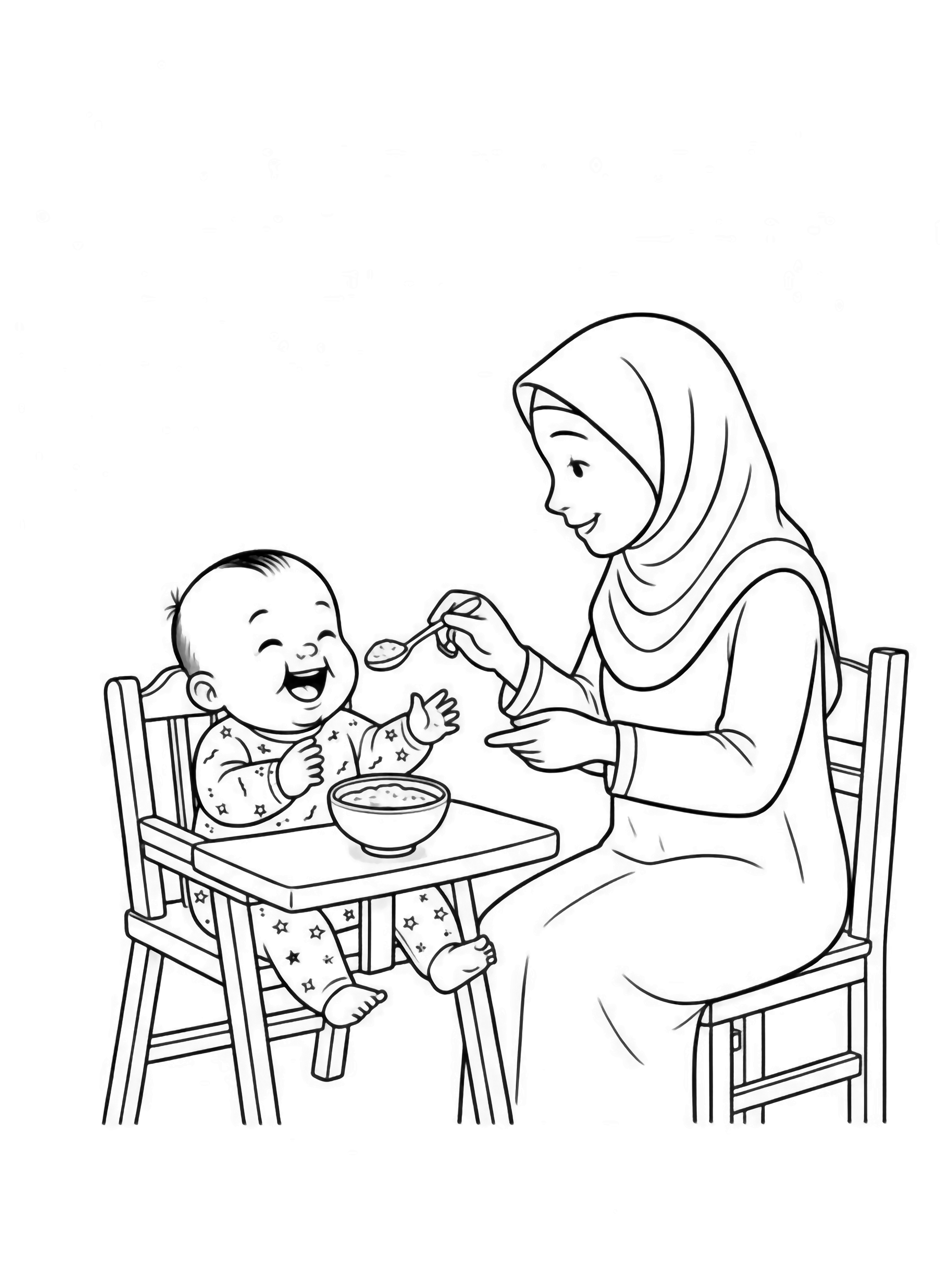 A black and white illustration of a happy Chinese baby sitting in a high chair with a big smile opening wide for a spoonful of warm rice porridge The baby's tiny hands reach excitedly toward the bowl Standing beside the chair a gentle mama wearing a softly draped hijab leans forward carefully clean black and white line drawing minimal shading no colour no fill kleurplaat