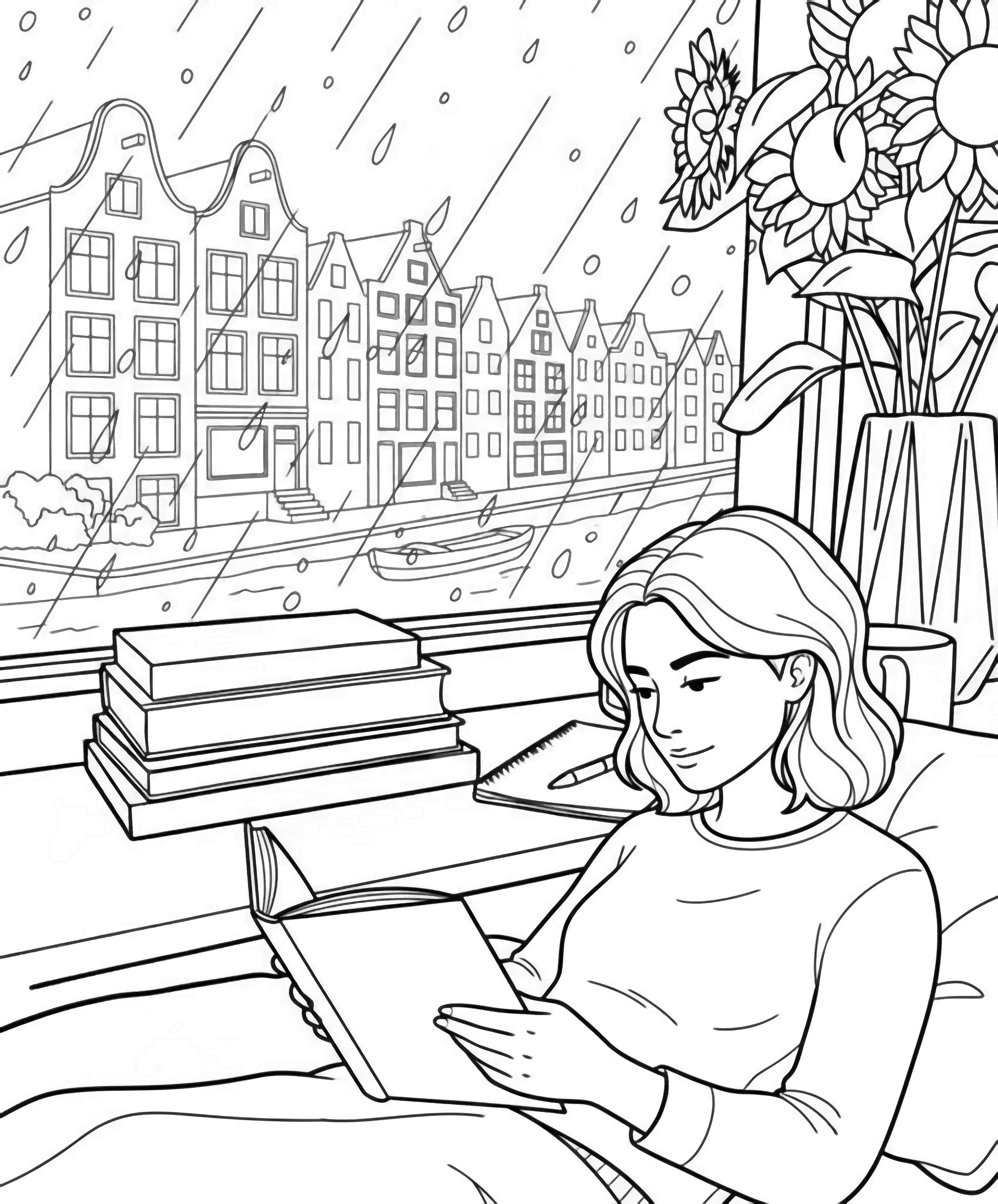 A cozy indoor scene with books, a lit candle, a notebook, sunflowers in a vase, and an open book, viewed against a rainy window looking out at trees. kleurplaat