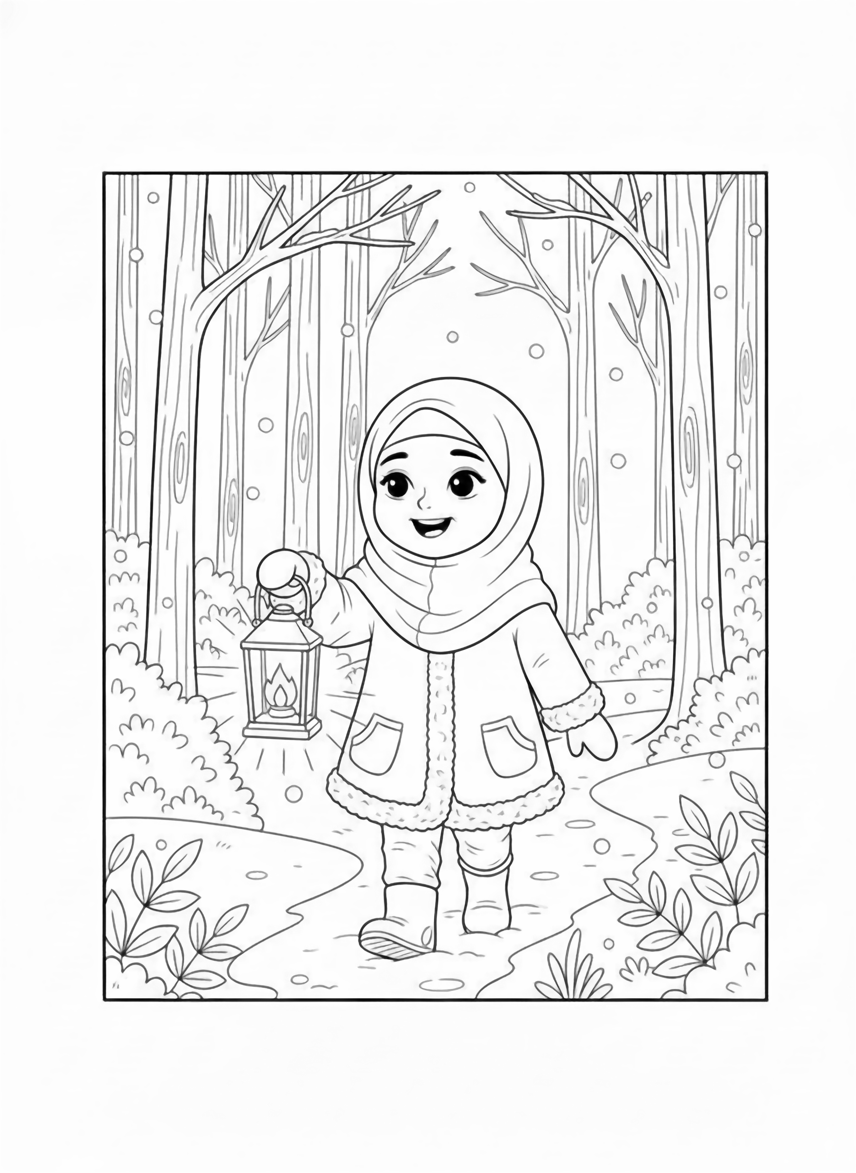 A black and white page of a joyful winter day in the forest A little Muslim girl wrapped in a cozy hijab decorated with tiny stars and a warm coat with fluffy trim walks happily along a snow dusted path She carries a small tin lantern shaped like a crescent moon its glow hinted by clean black and white line drawing minimal shading no colour no fill kleurplaat