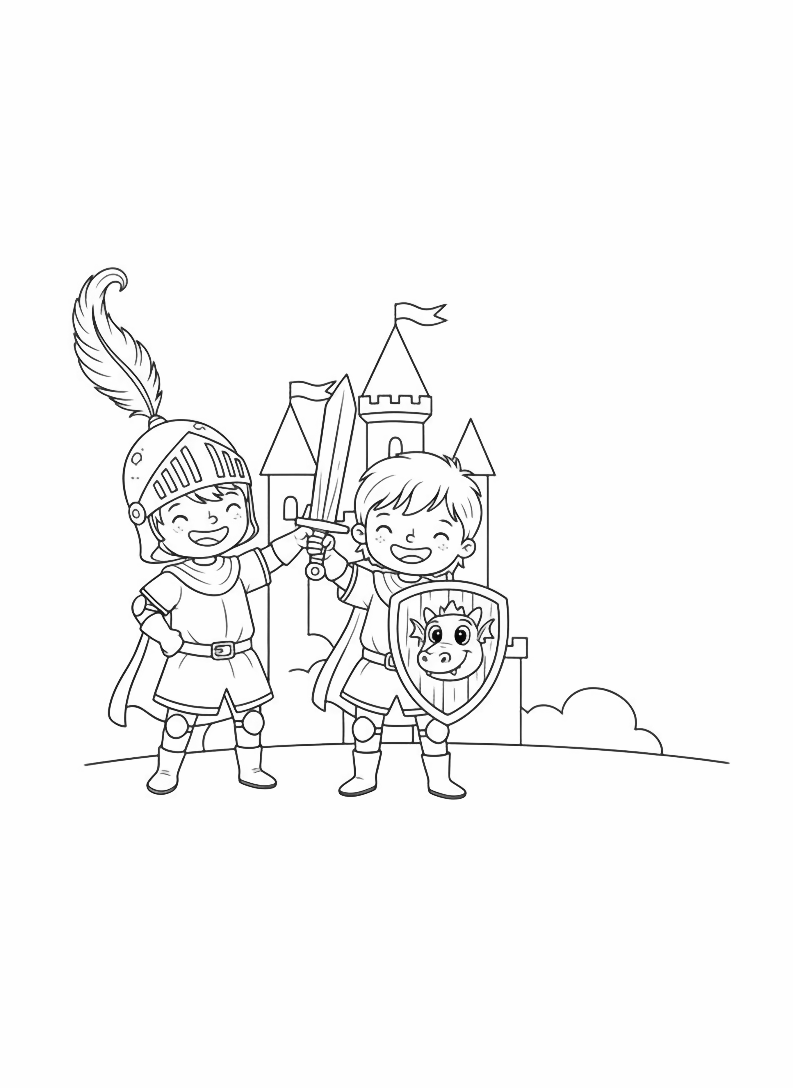 A black and white page bursting with medieval merriment: a trio of cheerful children dressed as tiny knights one wearing a helmet with a tall feather plume another clutching a wooden sword and a small shield painted with a smiling dragon emblem the third holding a banner that flaps in the breeze clean black and white line drawing minimal shading no colour no fill kleurplaat