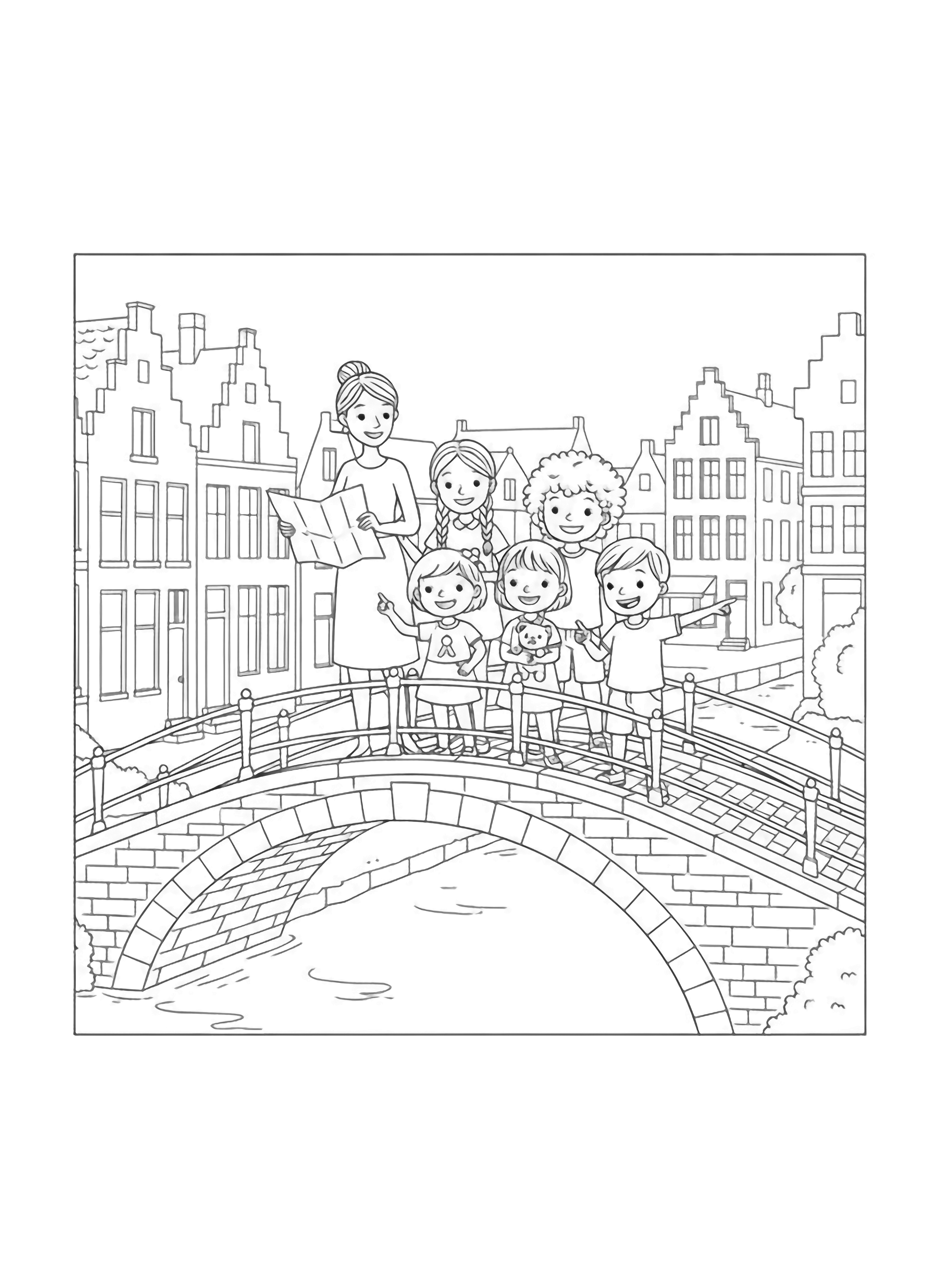 A black and white page showing 4 cheerful children and their teacher standing on Bruges' gentle cobblestone bridge The teacher Miss Amlie holds a large parasol and a city map The children are: cheerful Rashad with curly hair sweet Mei with pigtails playful Yuna with clean black and white line drawing minimal shading no colour no fill kleurplaat