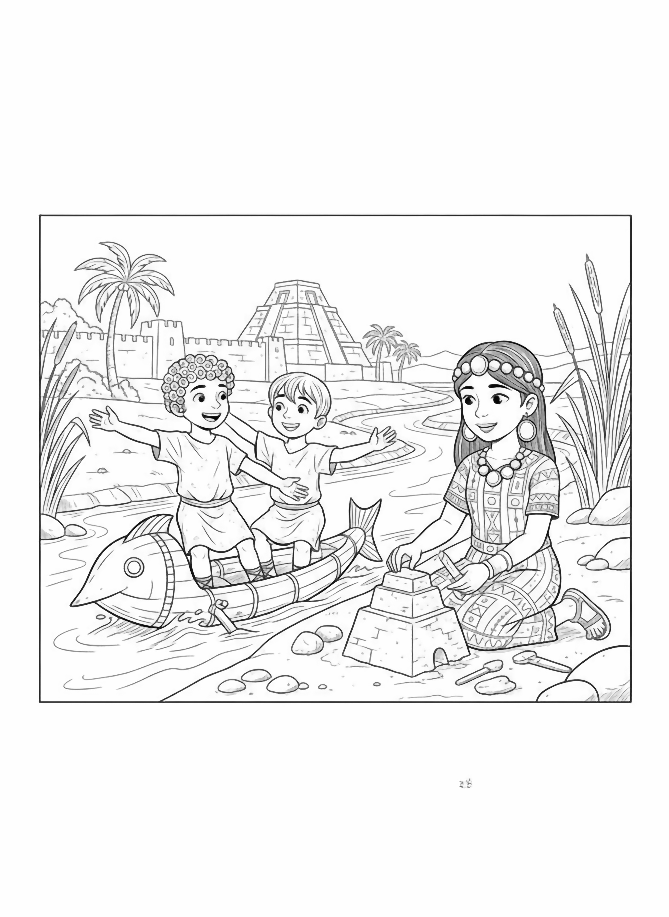 A black and white page showing happy Mesopotamian children playing along the banks of the Euphrates River Two boys wearing simple tunics and sandals are sailing a tiny reed boat shaped like a fish while a girl in a long woven dress and beaded headband is building a little clay ziggurat clean black and white line drawing minimal shading no colour no fill kleurplaat