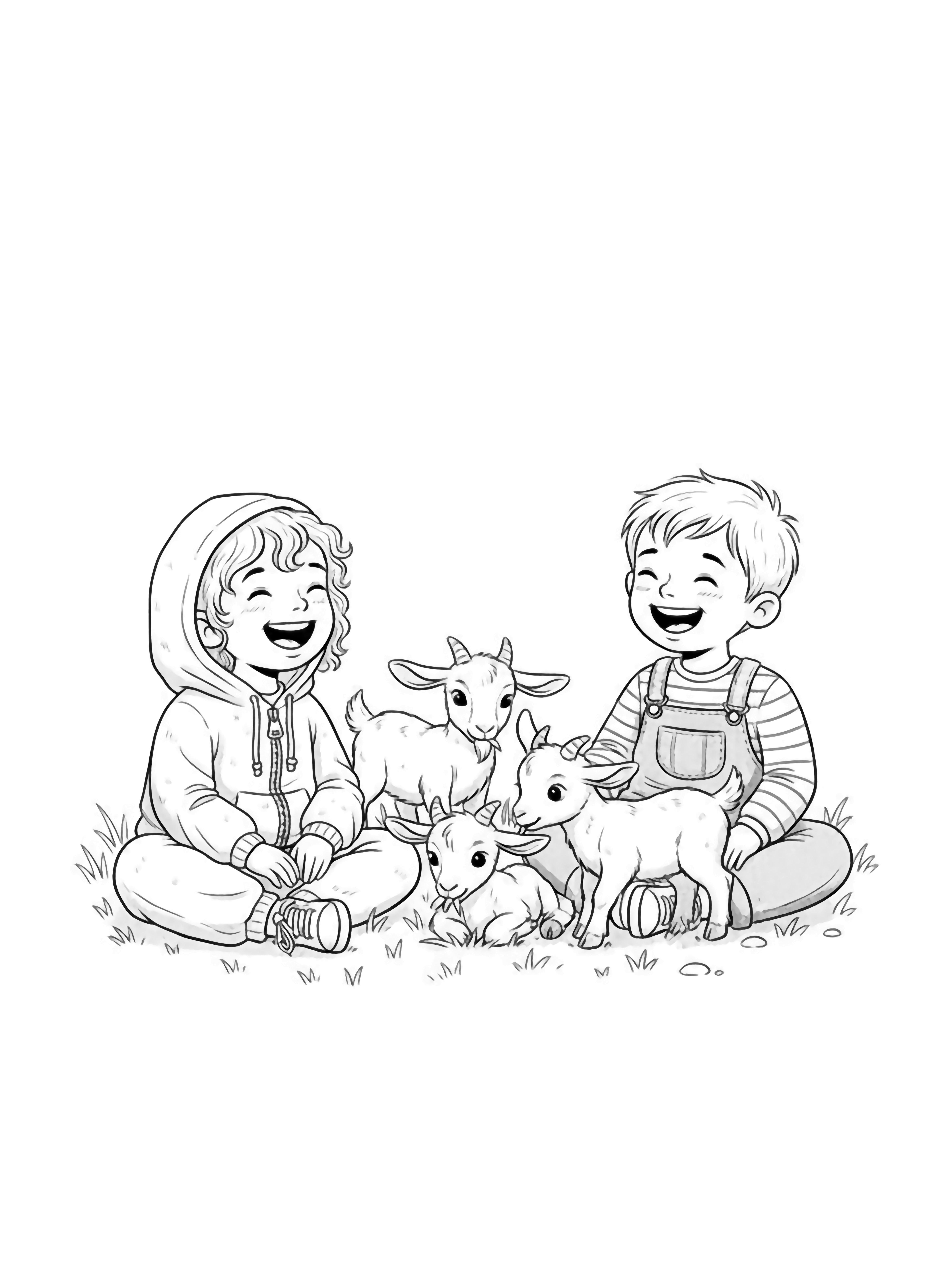 A black and white illustration for a page showing two happy 4 year old children with different hairstyles and clothing styles one wearing a cozy sweater with a hood and the other in a playful overall giggling as they sit on a soft meadow Between them are three tiny baby goats with bouncy ears and tiny clean black and white line drawing minimal shading no colour no fill kleurplaat