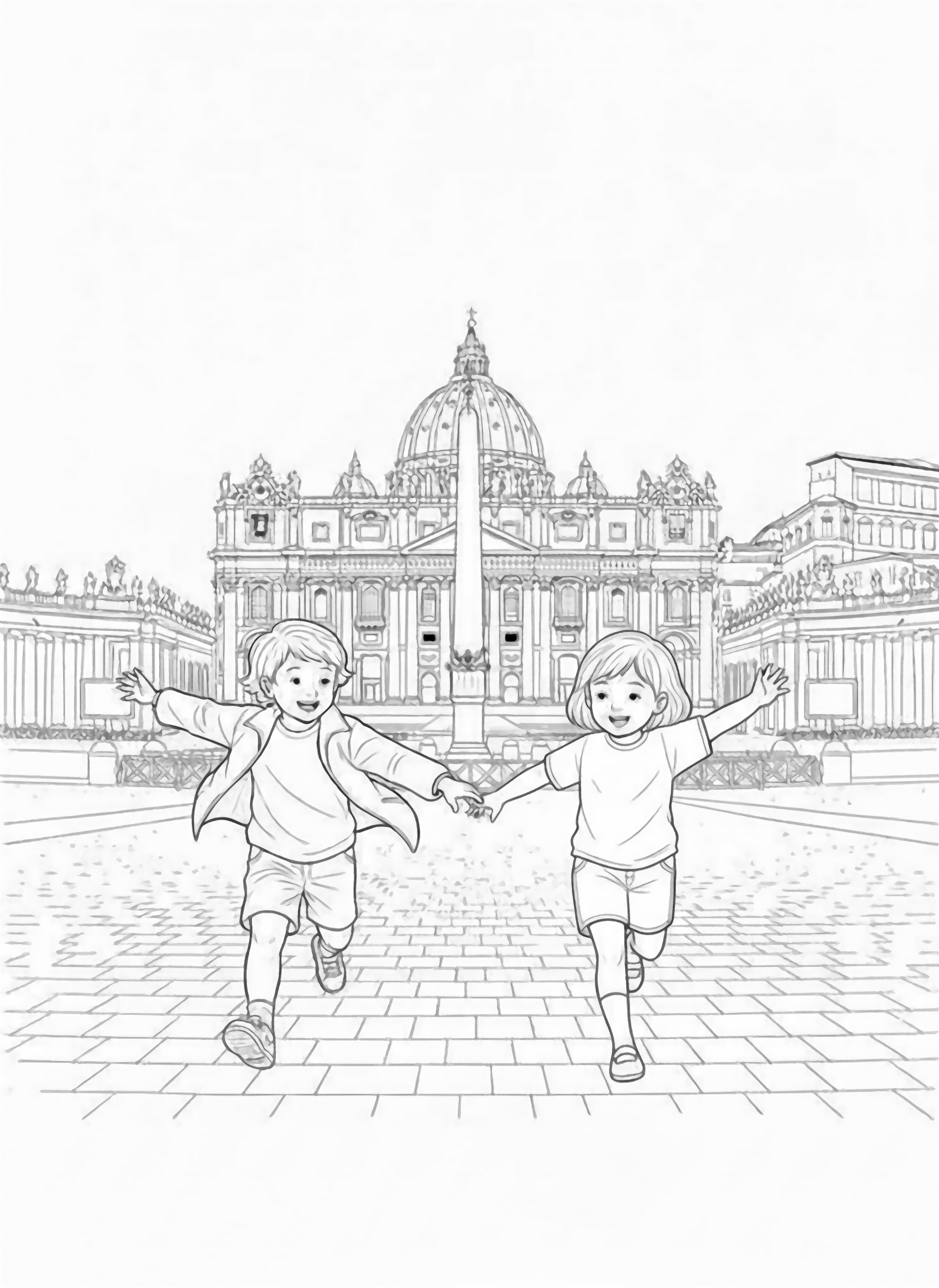 A black and white page showing two cheerful children racing across the grand St Peter's Square in the Vatican Their tiny legs are mid stride hair flying arms out wide in playful excitement One wears a little beret the other a cap with a feather both outfits fluttering as they run clean black and white line drawing minimal shading no colour no fill kleurplaat