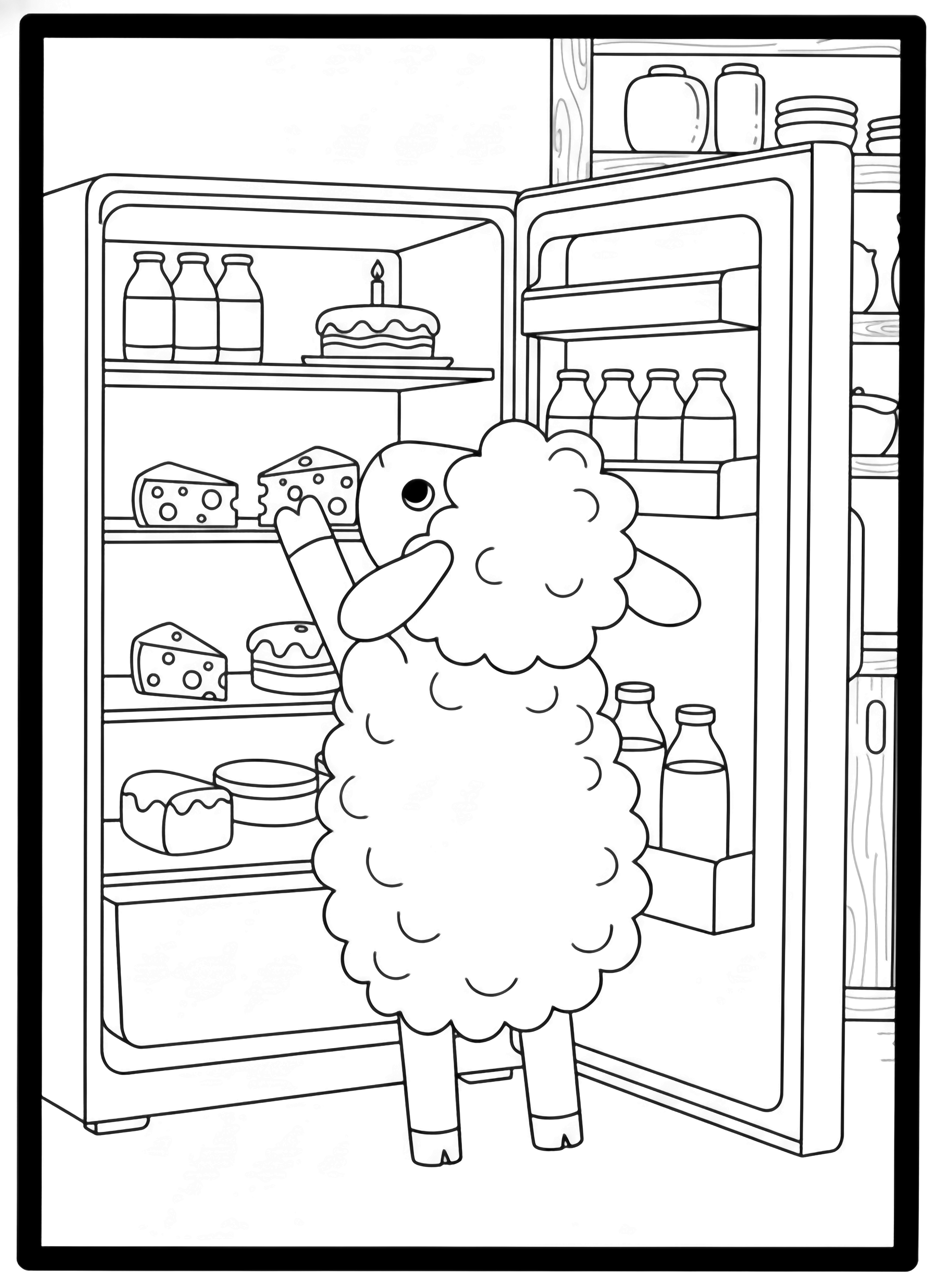 A black and white page showing a big fluffy sheep with perfectly round dot eyes and a sweet smile standing on its hind legs in front of an open fridge inside a cozy pantry The fridge door is wide open revealing simple shelves lined with cartoon milk bottles round cheese wedges and a tiny cake on a clean black and white line drawing minimal shading no colour no fill kleurplaat