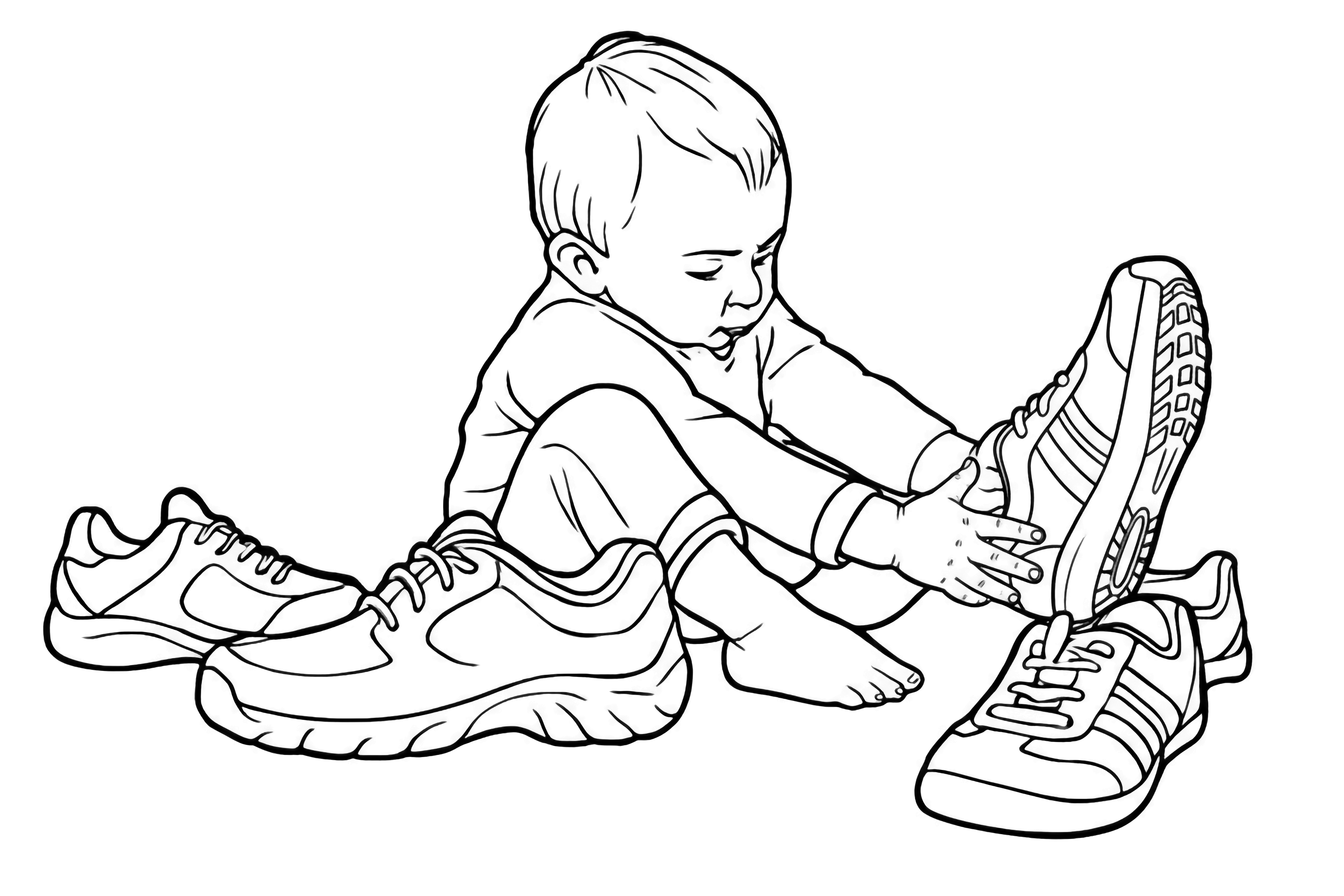 A cute baby in a red shirt and light pants sits surrounded by various shoes, attempting to try on a large brown shoe, depicted in a simple, clean book style. kleurplaat