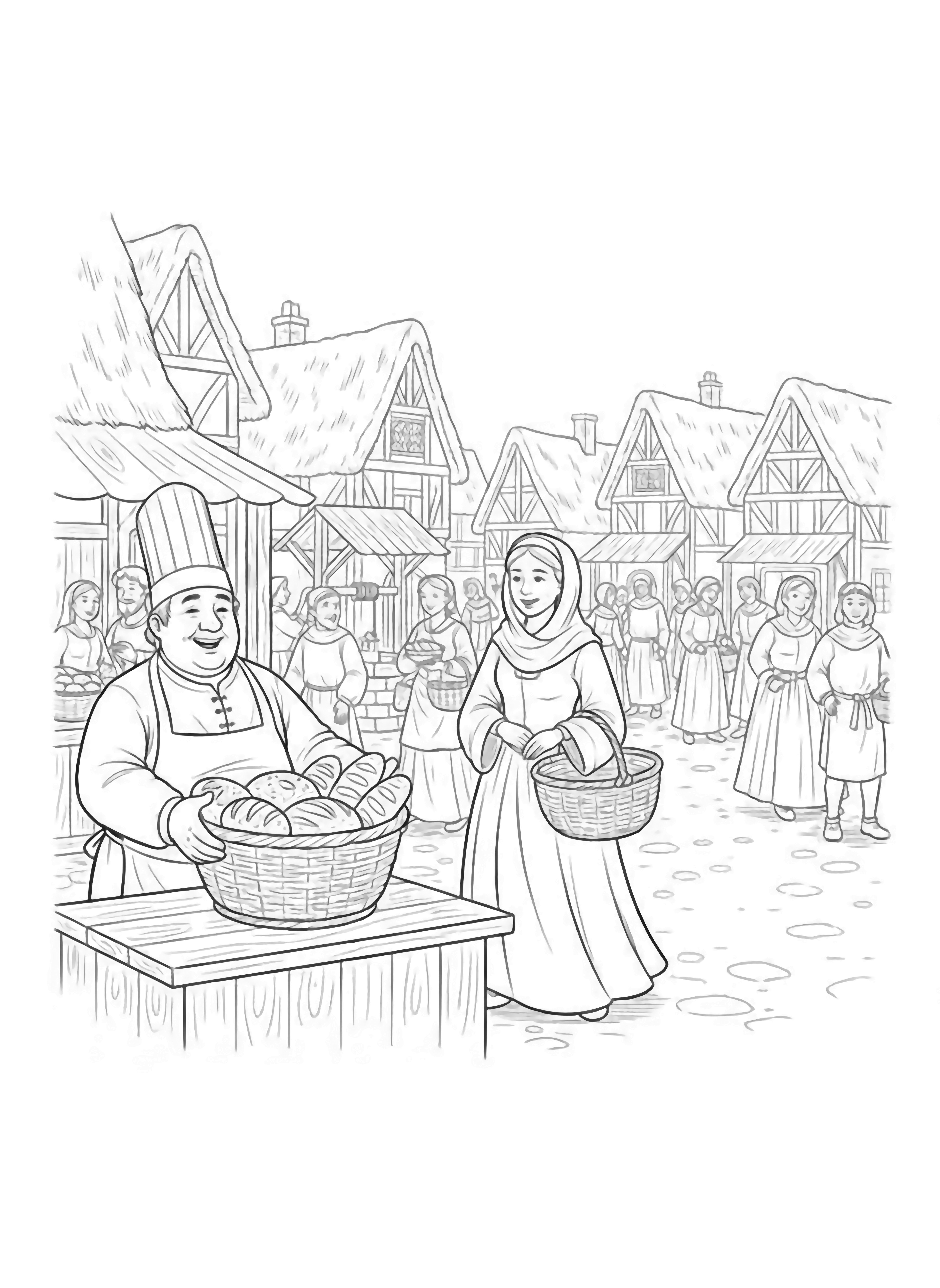 A black and white illustration of cheerful medieval townsfolk gathered in a bustling village square A friendly baker in a tall hat offers a basket of bread loaves while a jester in a tunic with diamond patterns plays a lute and dances A kindly lady in a flowing dress and simple headscarf carries a clean black and white line drawing minimal shading no colour no fill kleurplaat