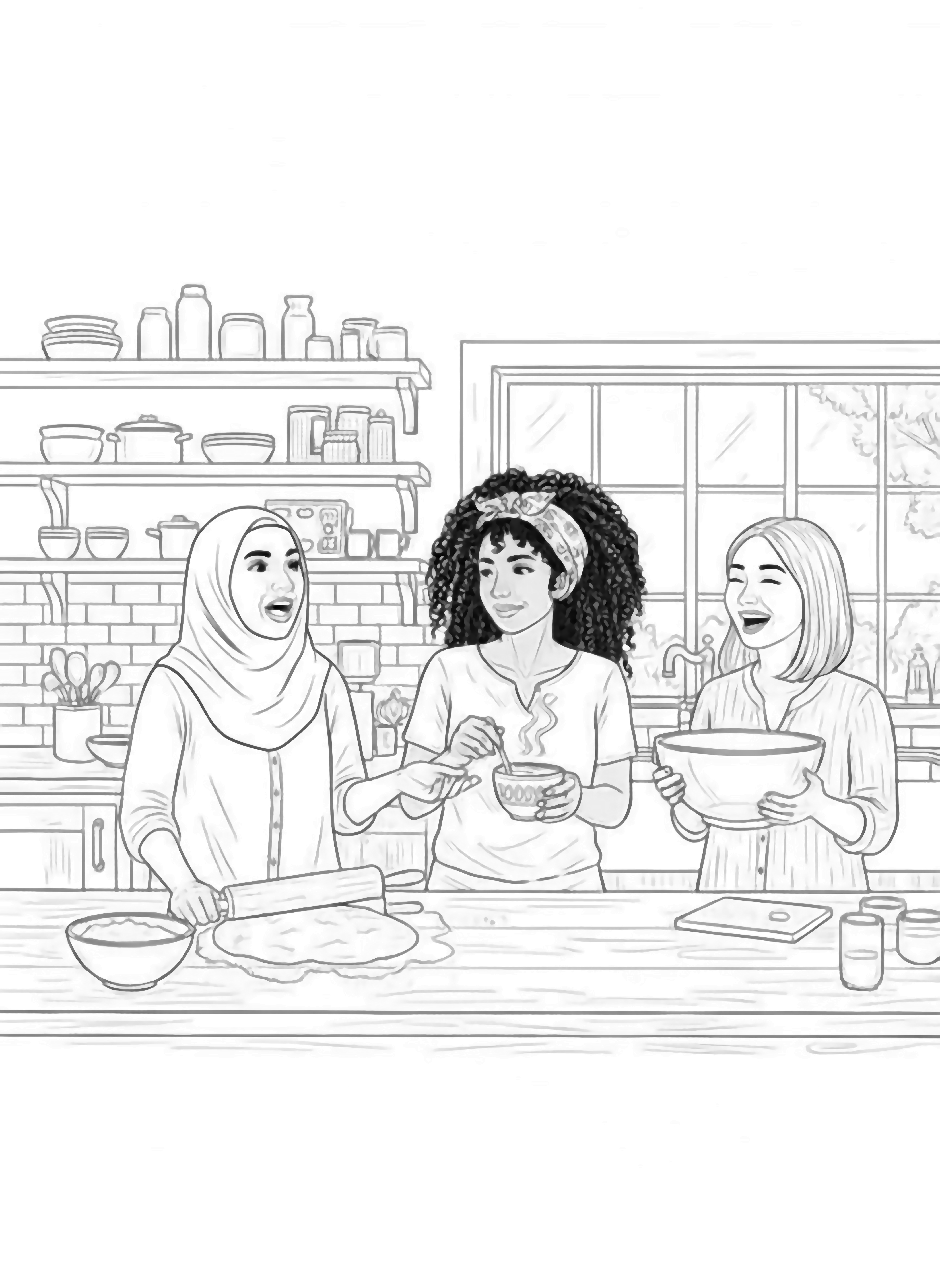 A black and white page showing three adult best friends Maria from Mexico Aisha from Kenya and Lin from China laughing together in a generous farmhouse kitchen Maria sprinkles flour while holding a rolling pin; Aisha stirs matcha in a delicate cup steam spiraling upward; Lin lifts clean black and white line drawing minimal shading no colour no fill kleurplaat