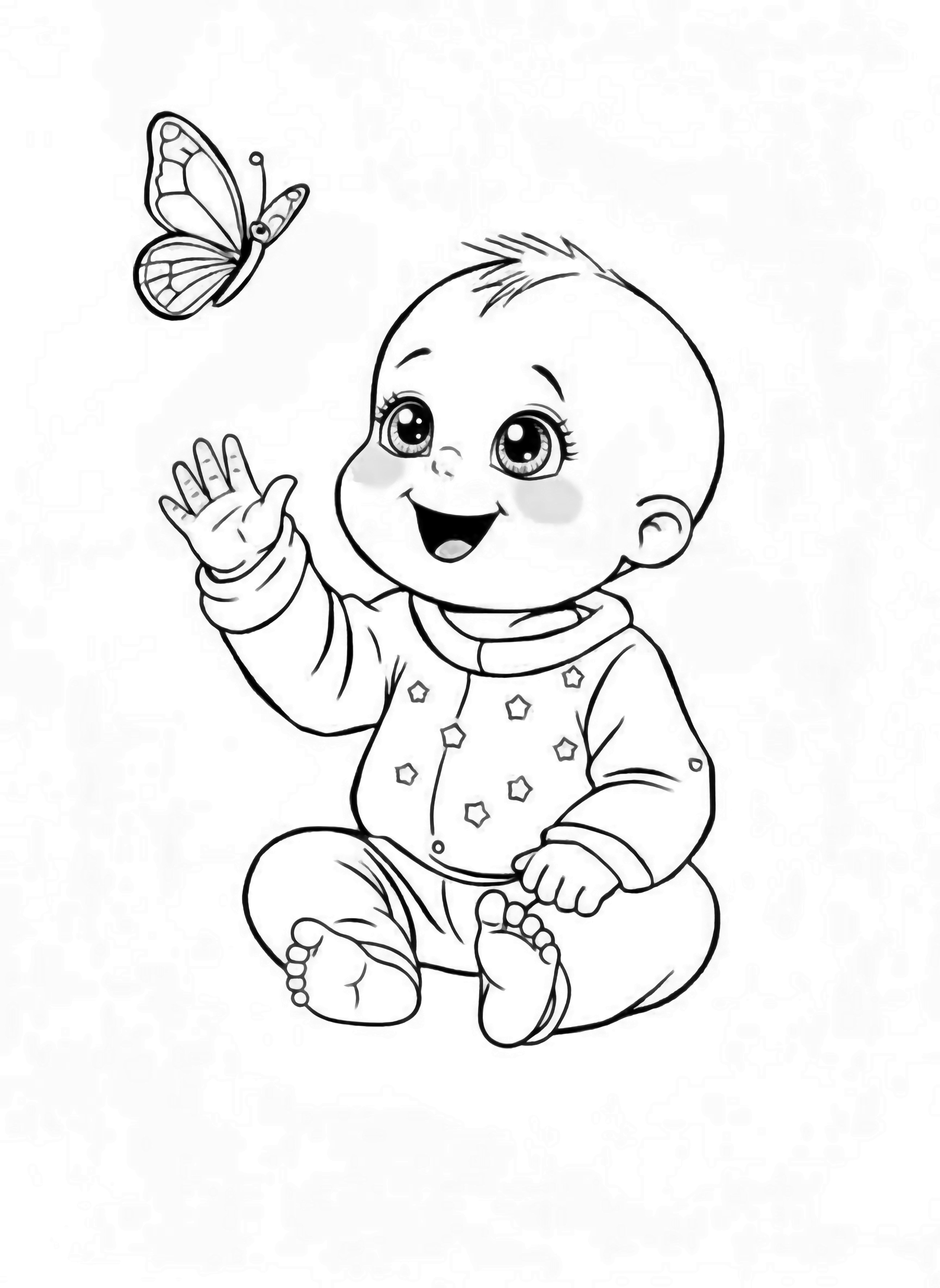 A black and white illustration of a cheerful baby sitting on a soft blanket of grass The baby reaches out with tiny fingers toward a gentle butterfly that hovers just within reach The baby wears a cozy onesie decorated with little stars and a happy smile lights up its round face Around the baby simple dais clean black and white line drawing minimal shading no colour no fill kleurplaat