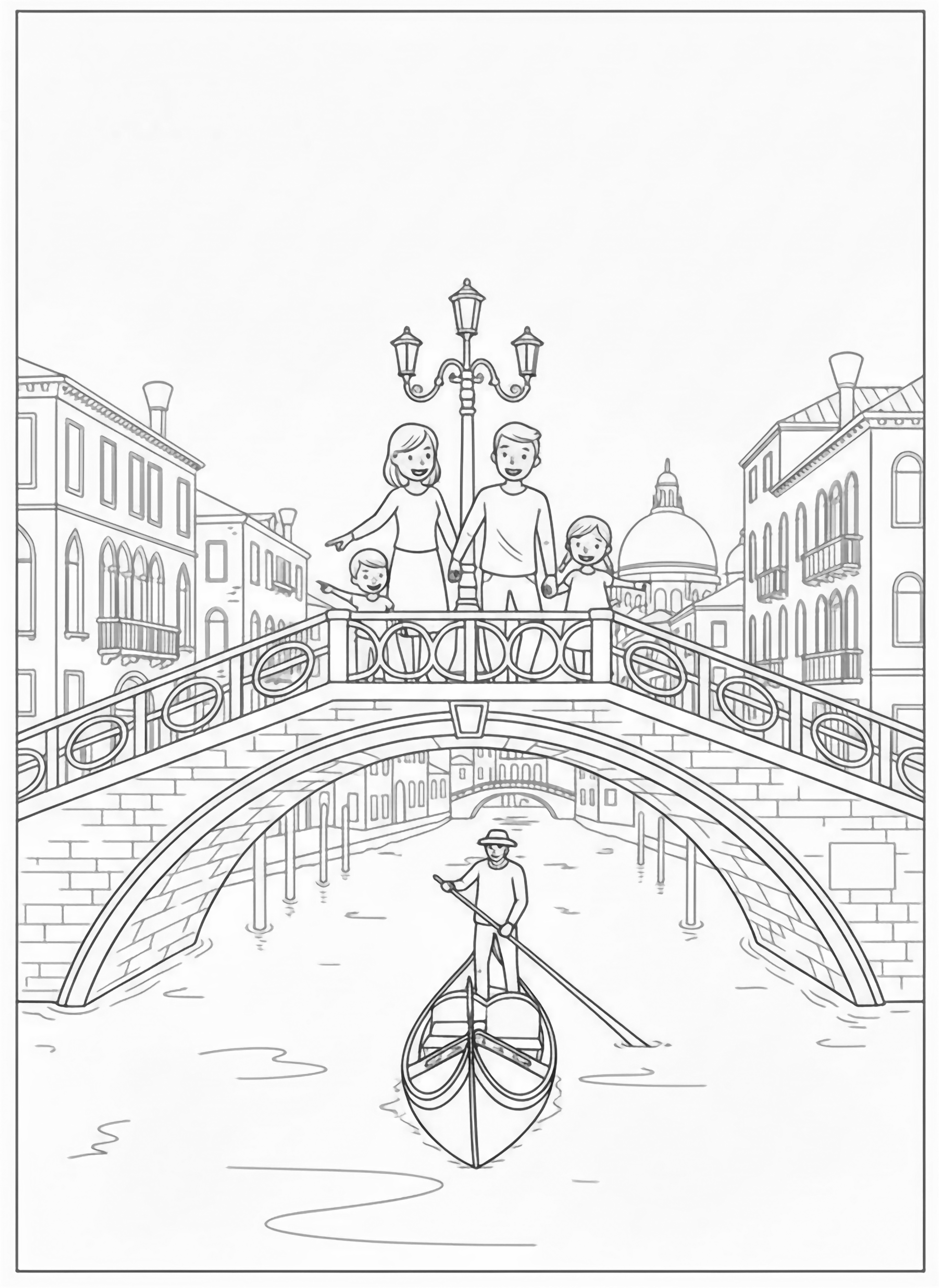 A black and white page showing a happy family of four crossing a graceful Venetian bridge The parents walk hand in hand while their two children excitedly point at the gondolas gliding on the water below The bridge has ornate railings and gentle arches with a charming lamppost at its center In clean black and white line drawing minimal shading no colour no fill kleurplaat