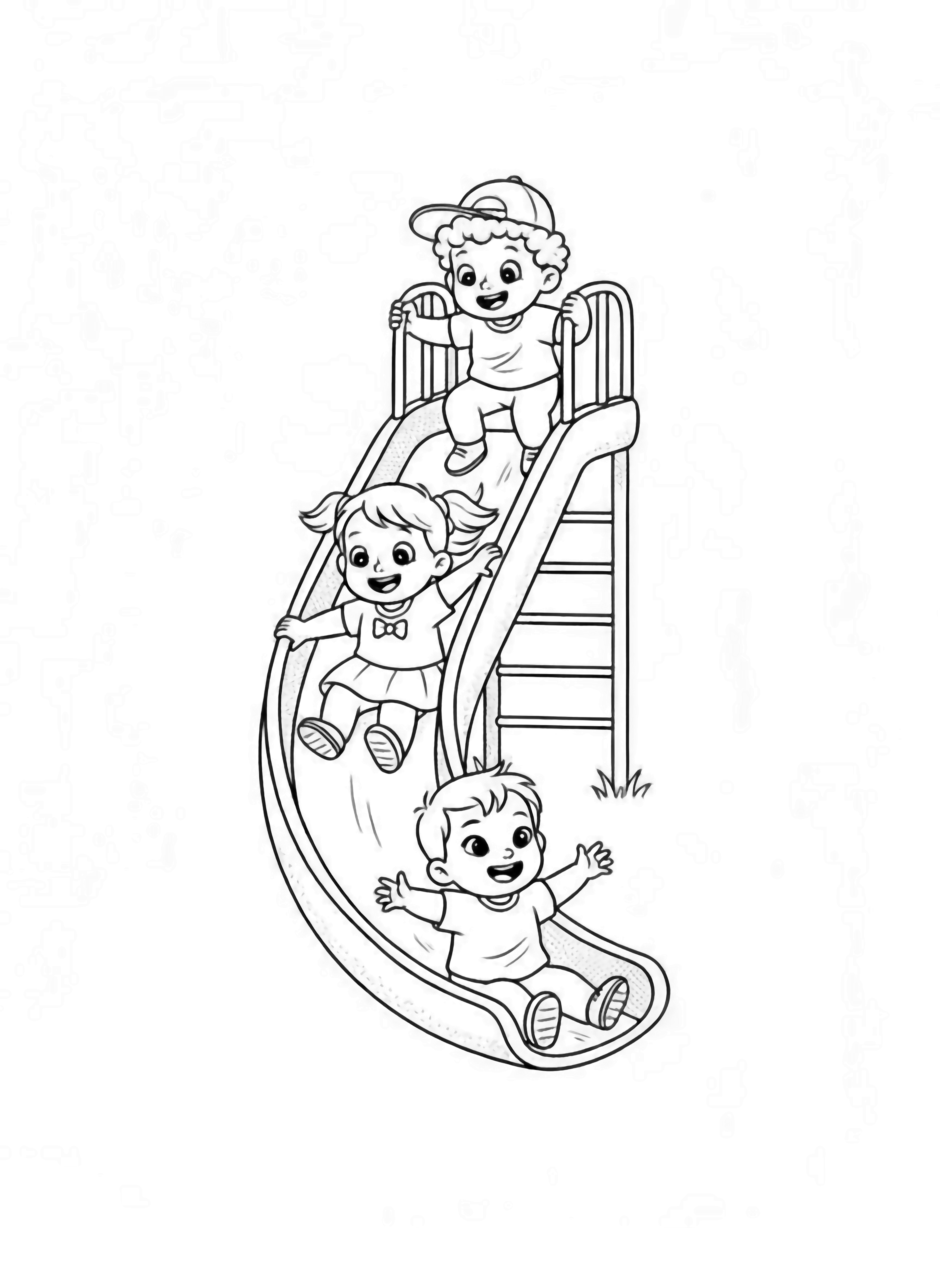 A black and white page showing three cheerful toddlers having a blast on a playground slide One little child stands at the top tiny hands gripping the rails eyes wide with anticipation Halfway down another child is captured mid slide with a big smile hair flowing behind At the bottom the third child has clean black and white line drawing minimal shading no colour no fill kleurplaat
