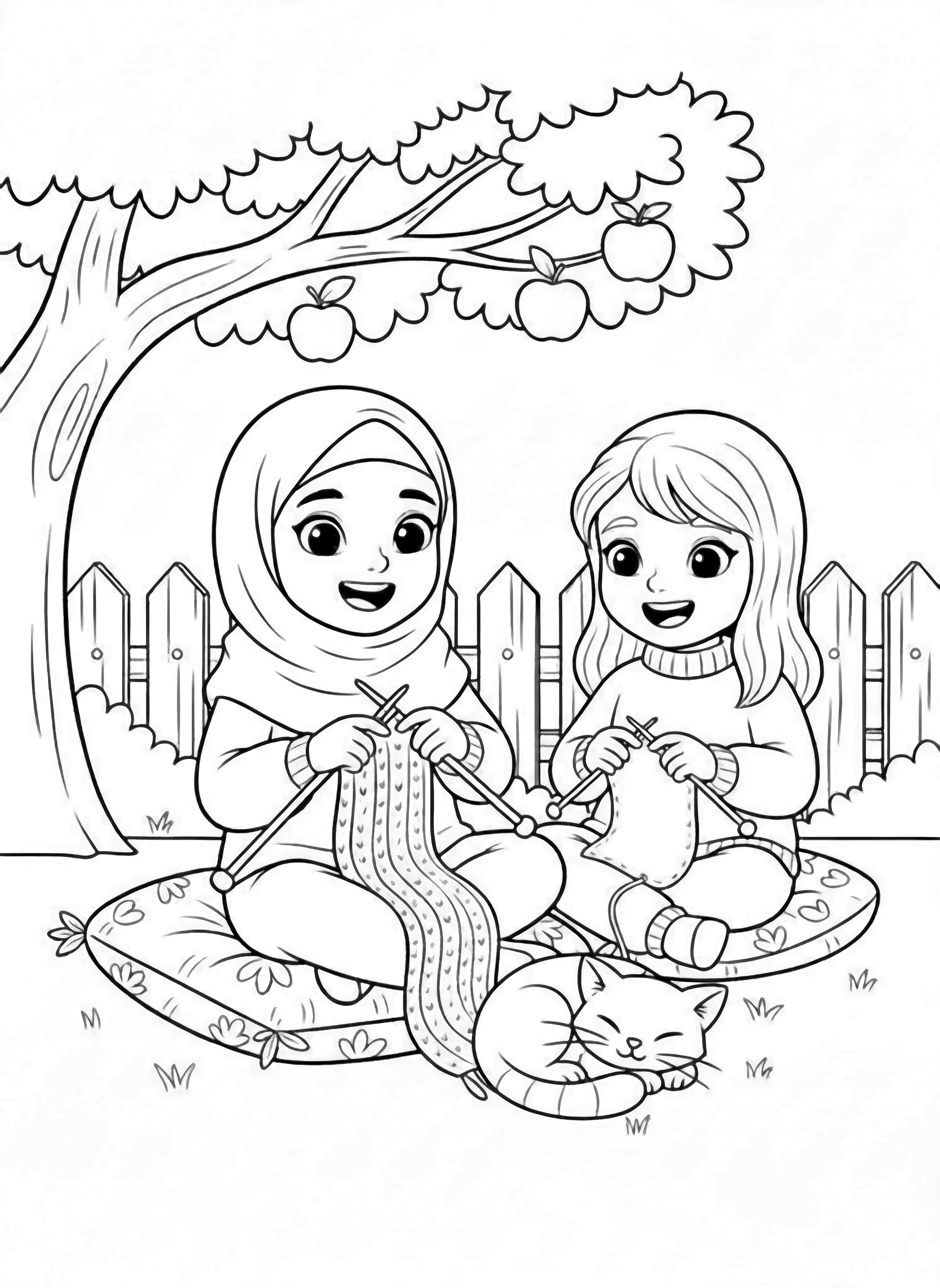 A black and white page with extra thick black outlines perfect for autumn fun A cheerful little Muslim girl wearing a cozy hijab decorated with tiny leaf patterns sits on a soft garden cushion her knitting needles clicking away at a warm scarf Next to her her best friend is happily crocheting a clean black and white line drawing minimal shading no colour no fill kleurplaat