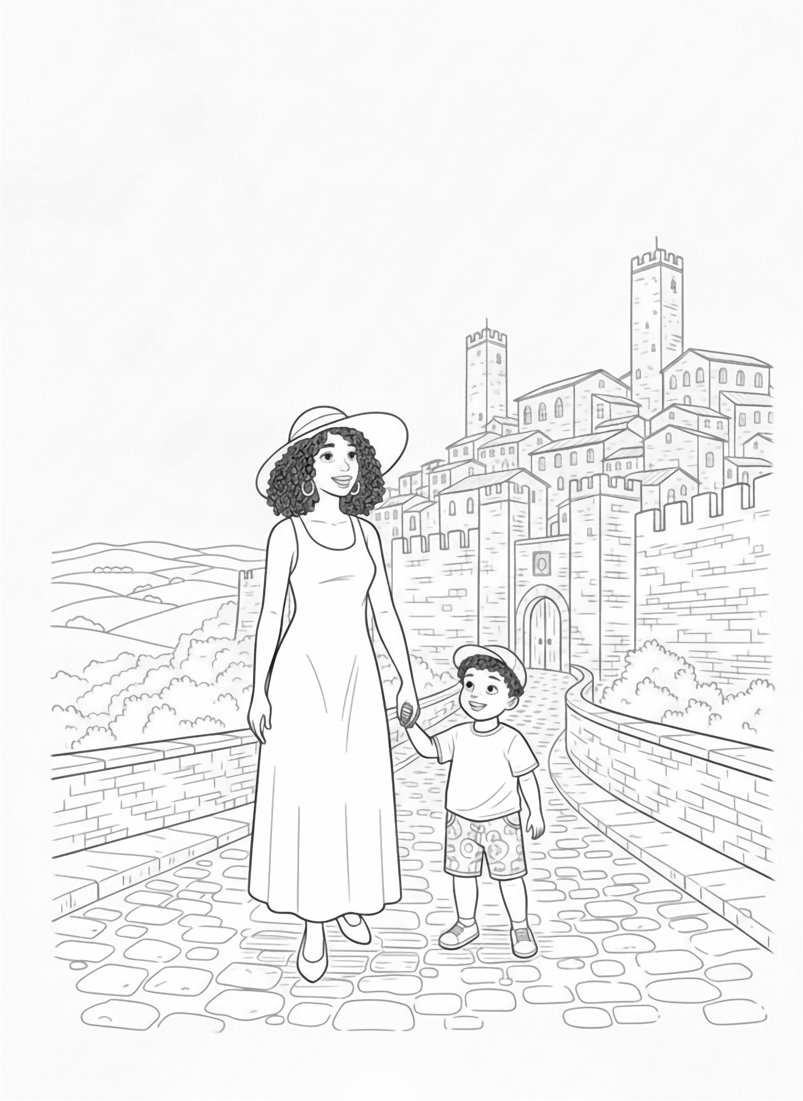 A black and white page showing a happy mother and her young son exploring the ancient hilltop town of Volterra in Tuscany They stand hand in hand on a cobblestone street gazing up at the impressive medieval walls and towers The mother wears a flowing dress with a sunhat while the boy sports clean black and white line drawing minimal shading no colour no fill kleurplaat