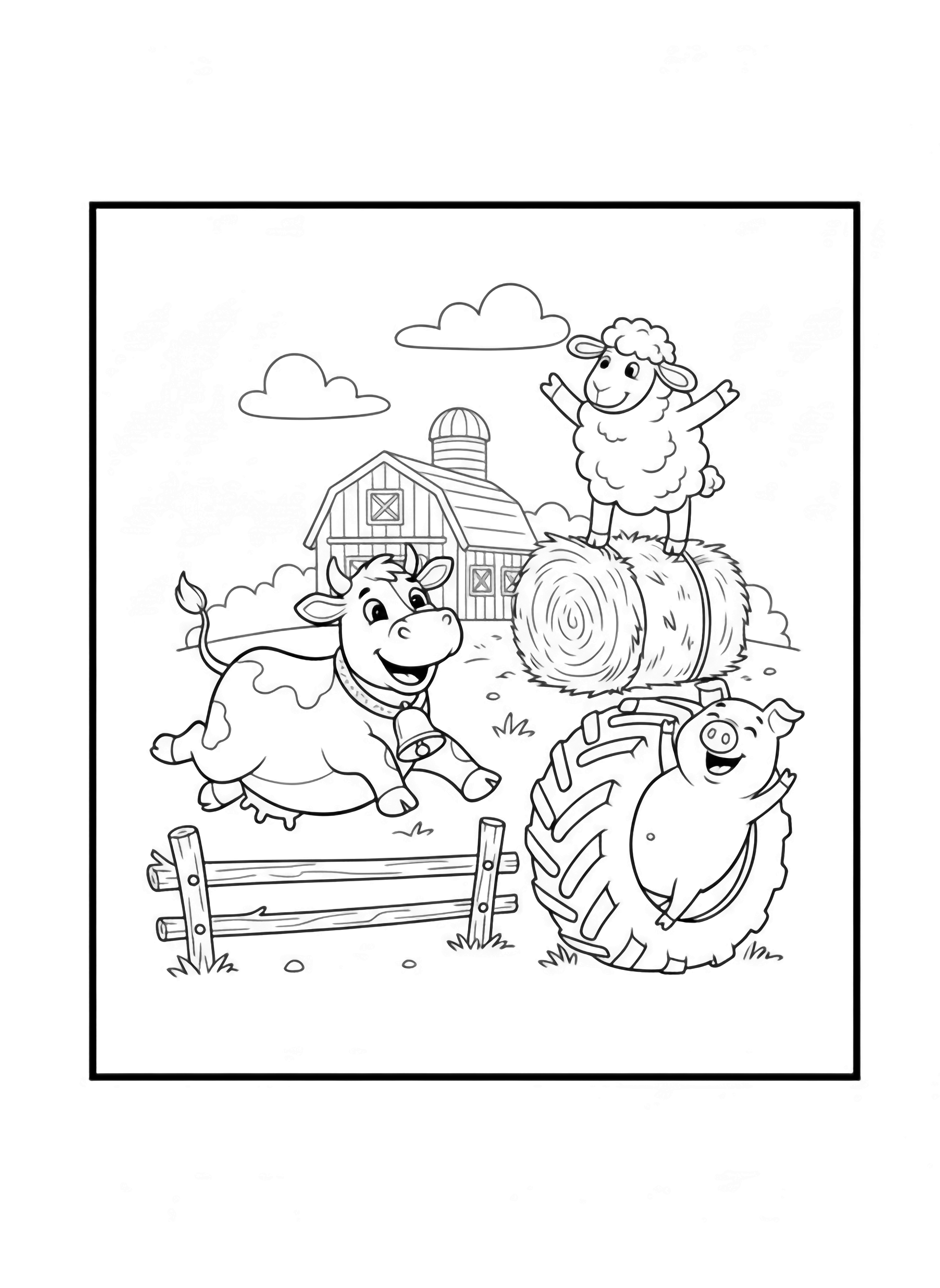 A black and white page featuring happy farm animals having a playful day on the farm A chunky cow with a sweet bell around her neck is jumping over a tiny fence made of simple sticks while a round pig with an curly tail is rolling inside a big tractor tire A fluffy sheep with bouncy wool is balancing clean black and white line drawing minimal shading no colour no fill kleurplaat