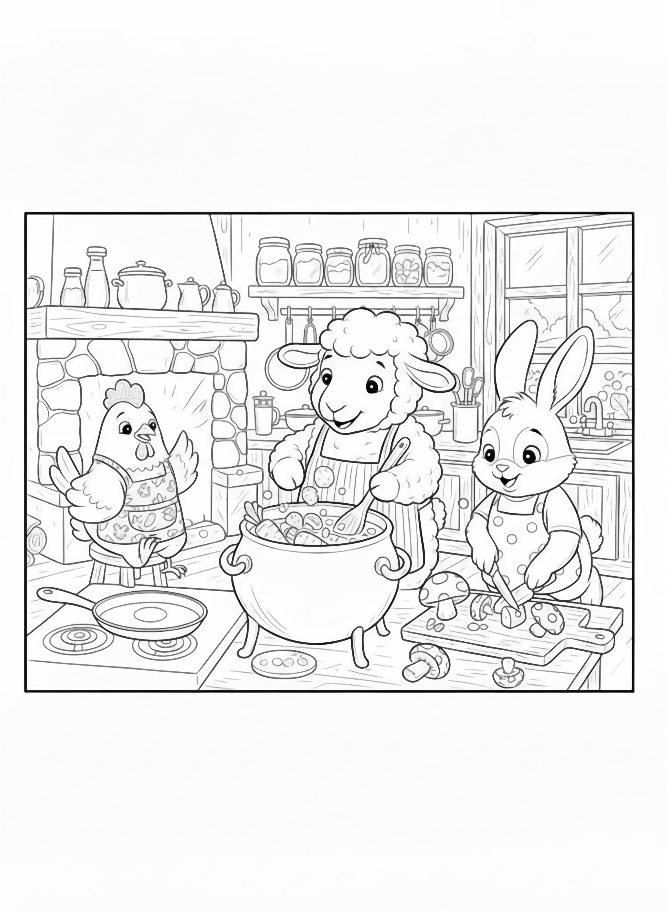 A black and white page showing a cheerful sheep a happy chicken and a bouncy rabbit wearing tiny aprons while cooking together in a cozy kitchen The sheep stirs a big pot of vegetable soup with a wooden spoon the chicken flips tiny carrot pancakes in a pan and the rabbit chops mushrooms on clean black and white line drawing minimal shading no colour no fill kleurplaat