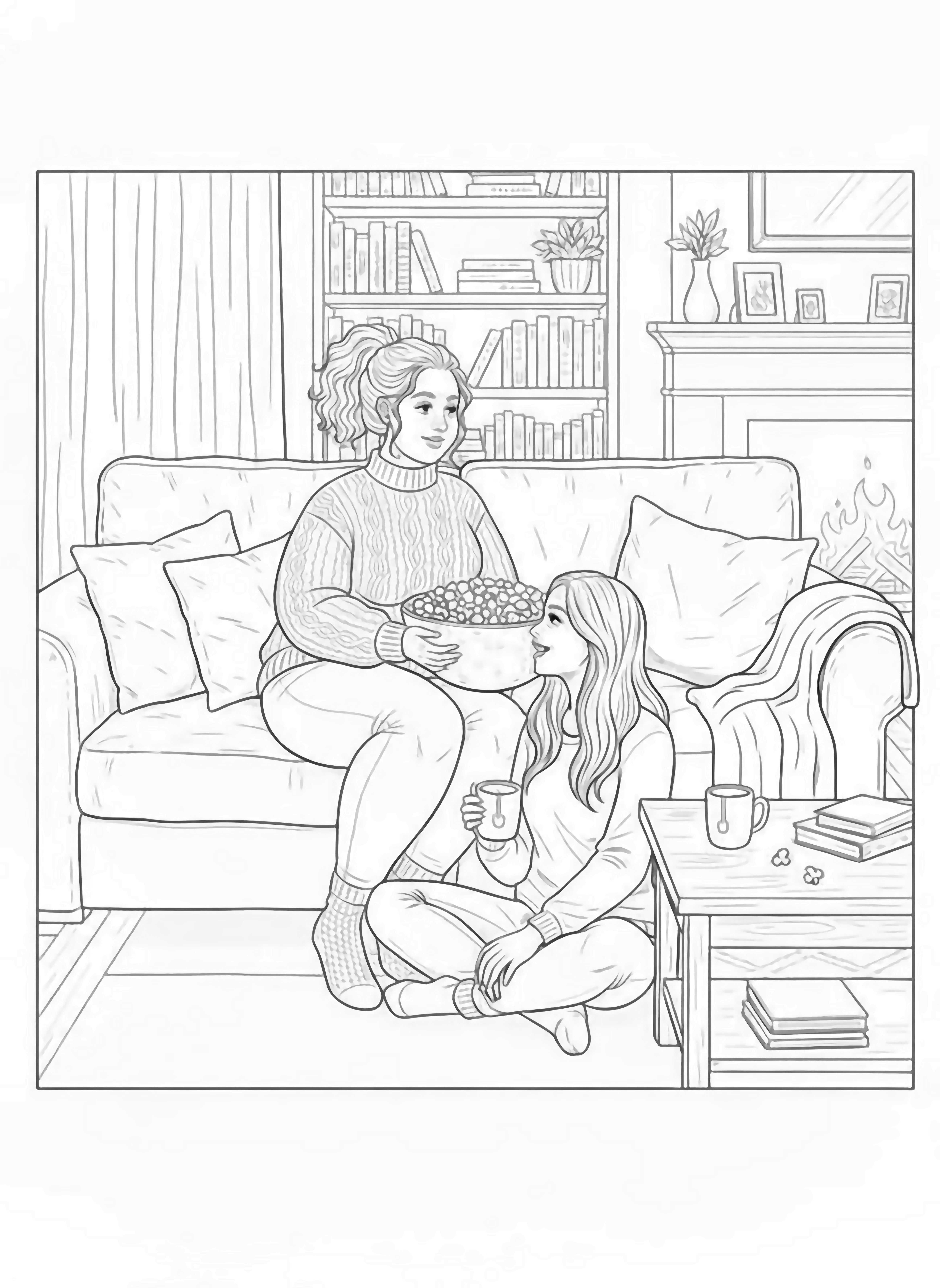A black and white page showing two happy women relaxing in a cozy living room They sit comfortably on a soft sofa with plush cushions sharing a bowl of popcorn between them One woman has curly hair tied in a loose ponytail wearing a comfortable sweater and leggings while the other has straight hair flowing over her clean black and white line drawing minimal shading no colour no fill kleurplaat