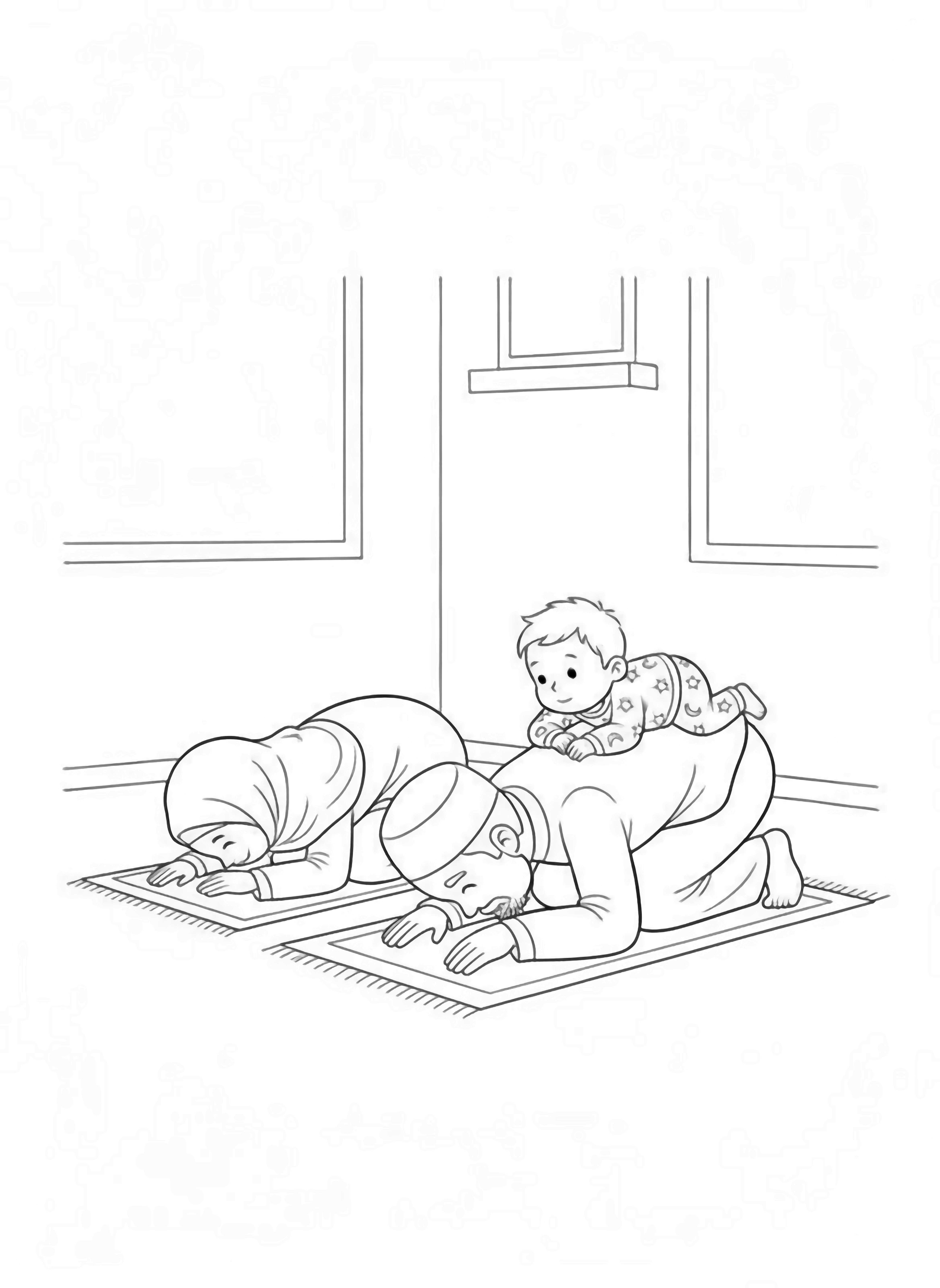 A black and white page showing a peaceful prayer scene: a Muslim father and mother in gentle sujood their foreheads resting on small patterned prayer rugs Behind them their playful 3 year old child wearing tiny pajamas with star and moon shapes happily climbs onto the father's back tiny clean black and white line drawing minimal shading no colour no fill kleurplaat