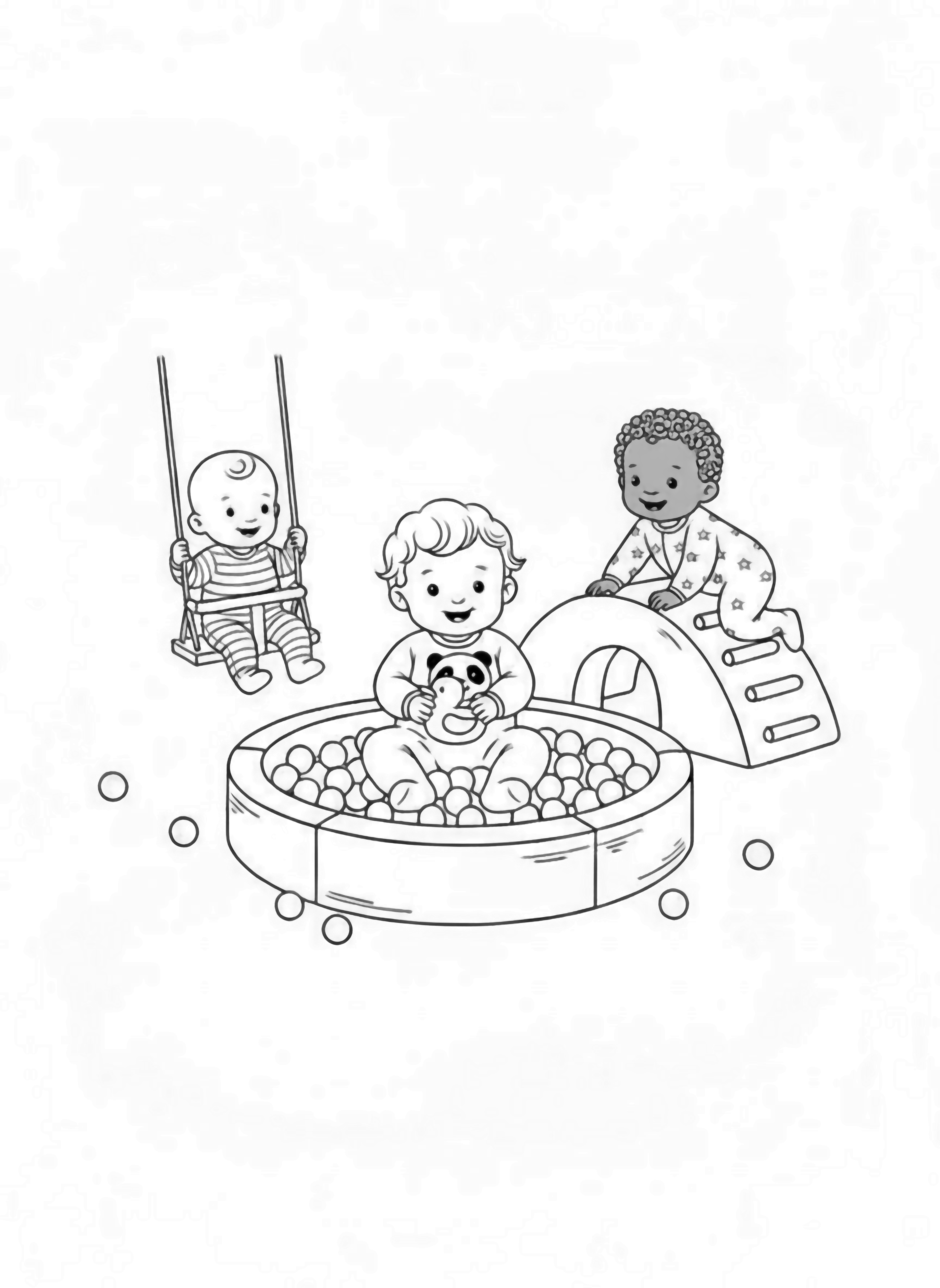 A black and white illustration of three cheerful babies from different backgrounds playing together in a delightful baby playground The Chinese baby wears a cute onesie with a tiny panda embroidered on the front sitting in the ball pit while holding a soft rubber duck The African baby wearing an adorable onesie decorated with little stars clean black and white line drawing minimal shading no colour no fill kleurplaat