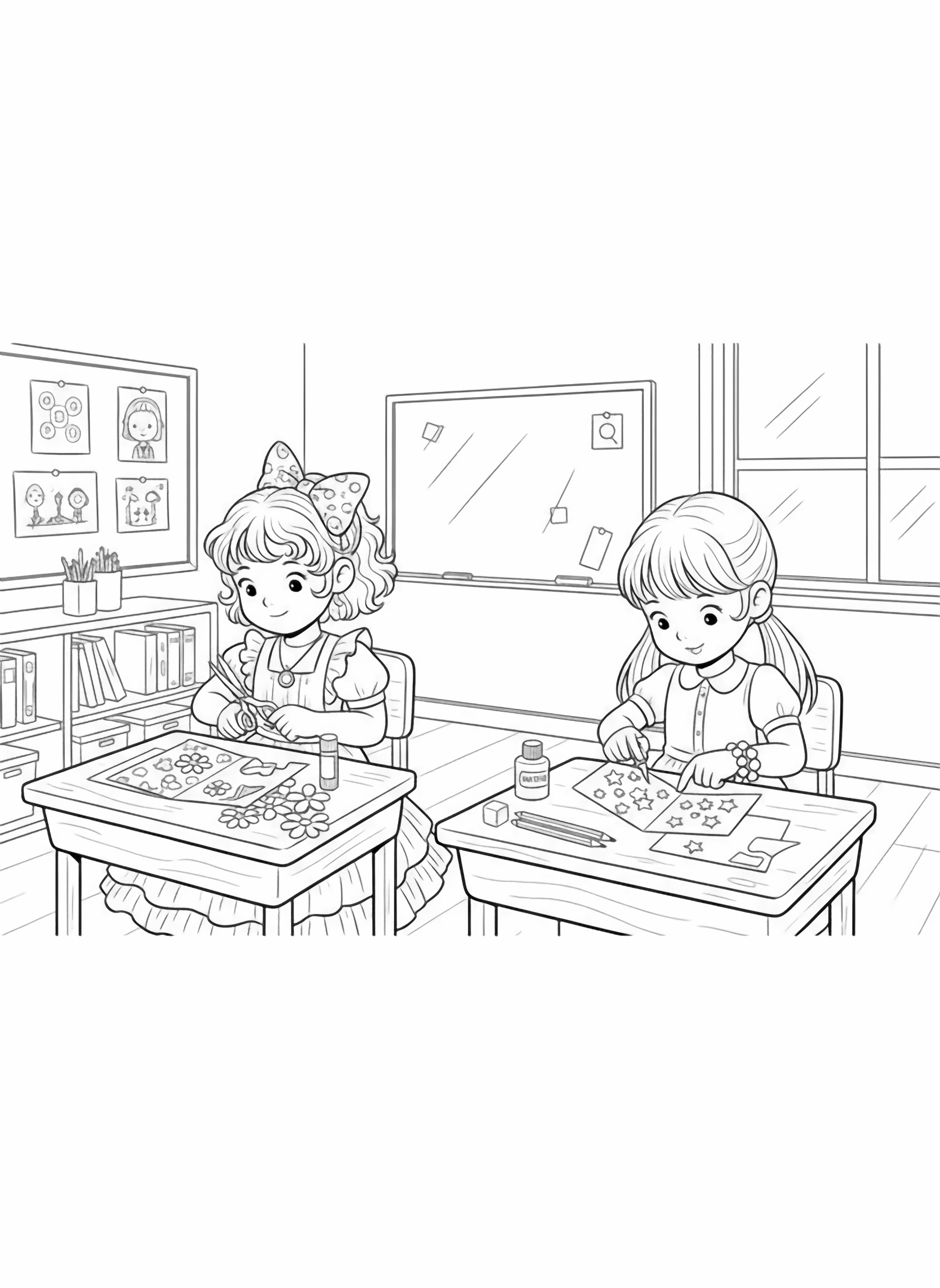 A black and white illustration of two small girls crafting at school Both wear simple dresses with pinafores their hair tied in cheerful ponytails with ribbons One girl is carefully cutting paper flowers with round tip scissors while the other glues glittery stars onto a greeting card Their desks are covered with cheerful clean black and white line drawing minimal shading no colour no fill kleurplaat