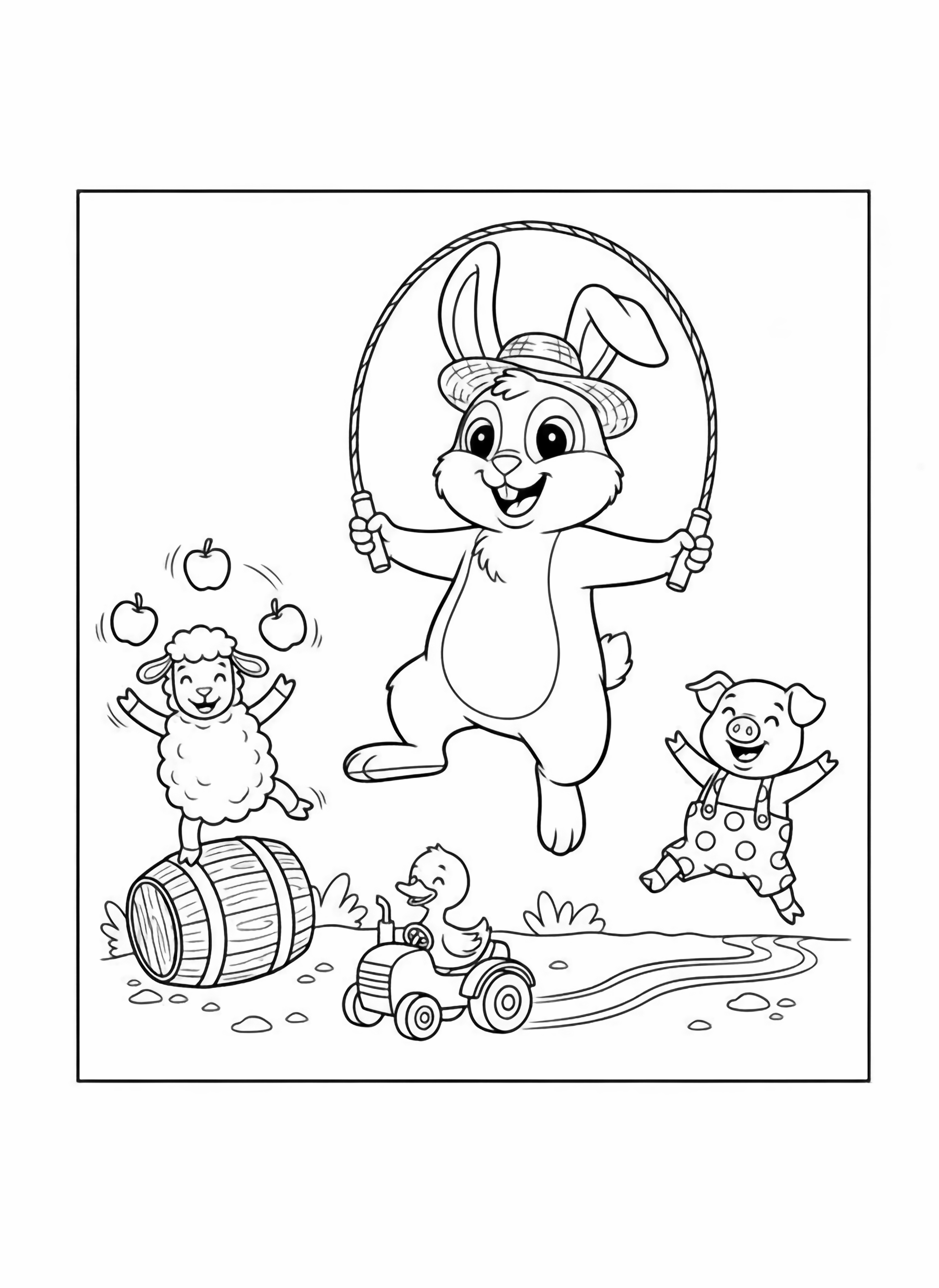 A black and white page bursting with cheerful farm friends In the center a big happy cow wearing a tiny straw hat jumps rope with a smiling piglet wearing polka dot overalls Nearby a fluffy sheep balances on a rolling barrel while juggling three shiny apples A tiny duck drives a toy tractor in circles clean black and white line drawing minimal shading no colour no fill kleurplaat