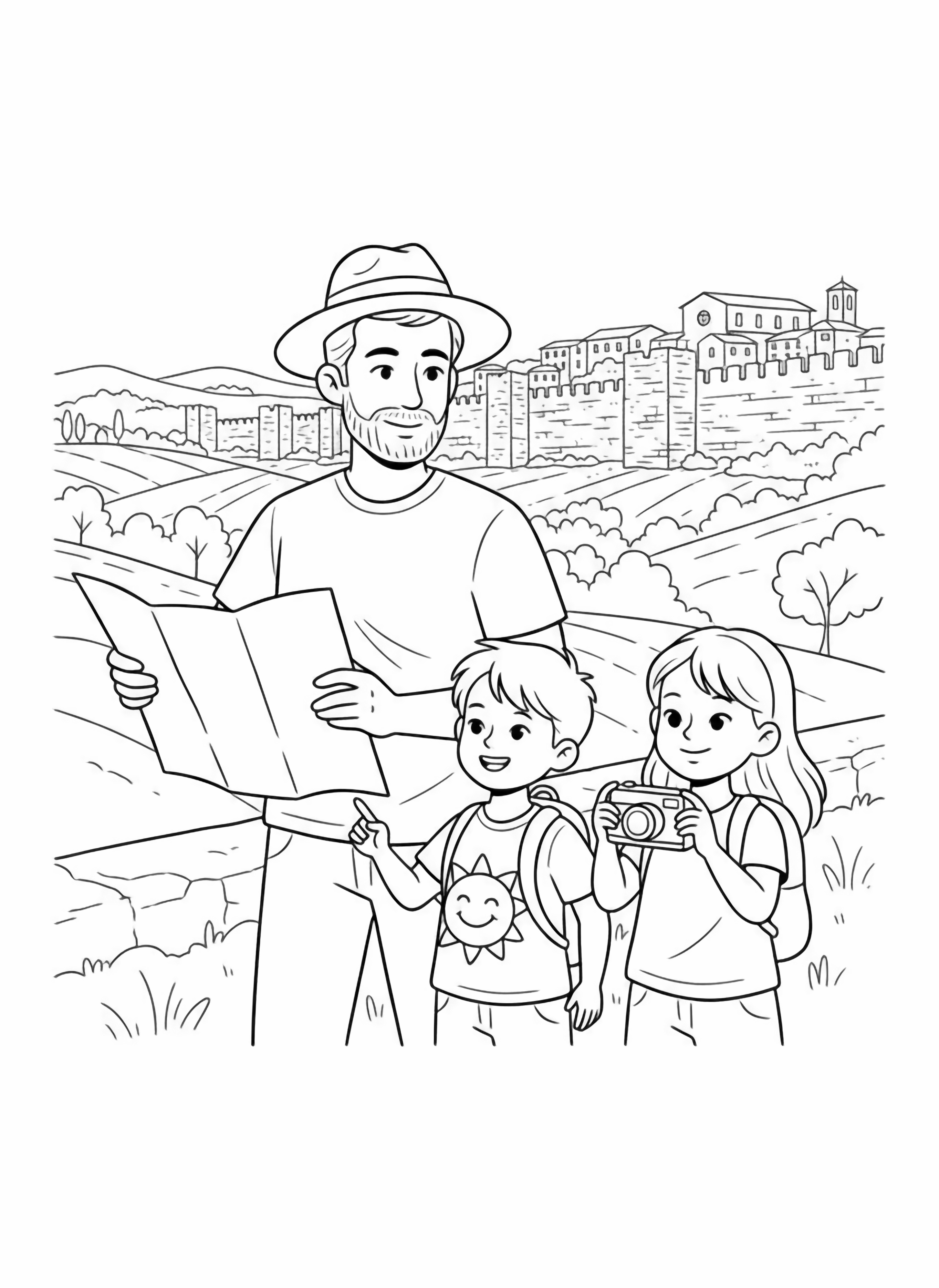 A black and white page showing a happy father son and daughter on holiday in Volterra Tuscany The father wears a wide brimmed hat and holds a map pointing toward the ancient Etruscan walls The son carries a small backpack shaped like a smiling sun while the daughter takes photos with clean black and white line drawing minimal shading no colour no fill kleurplaat