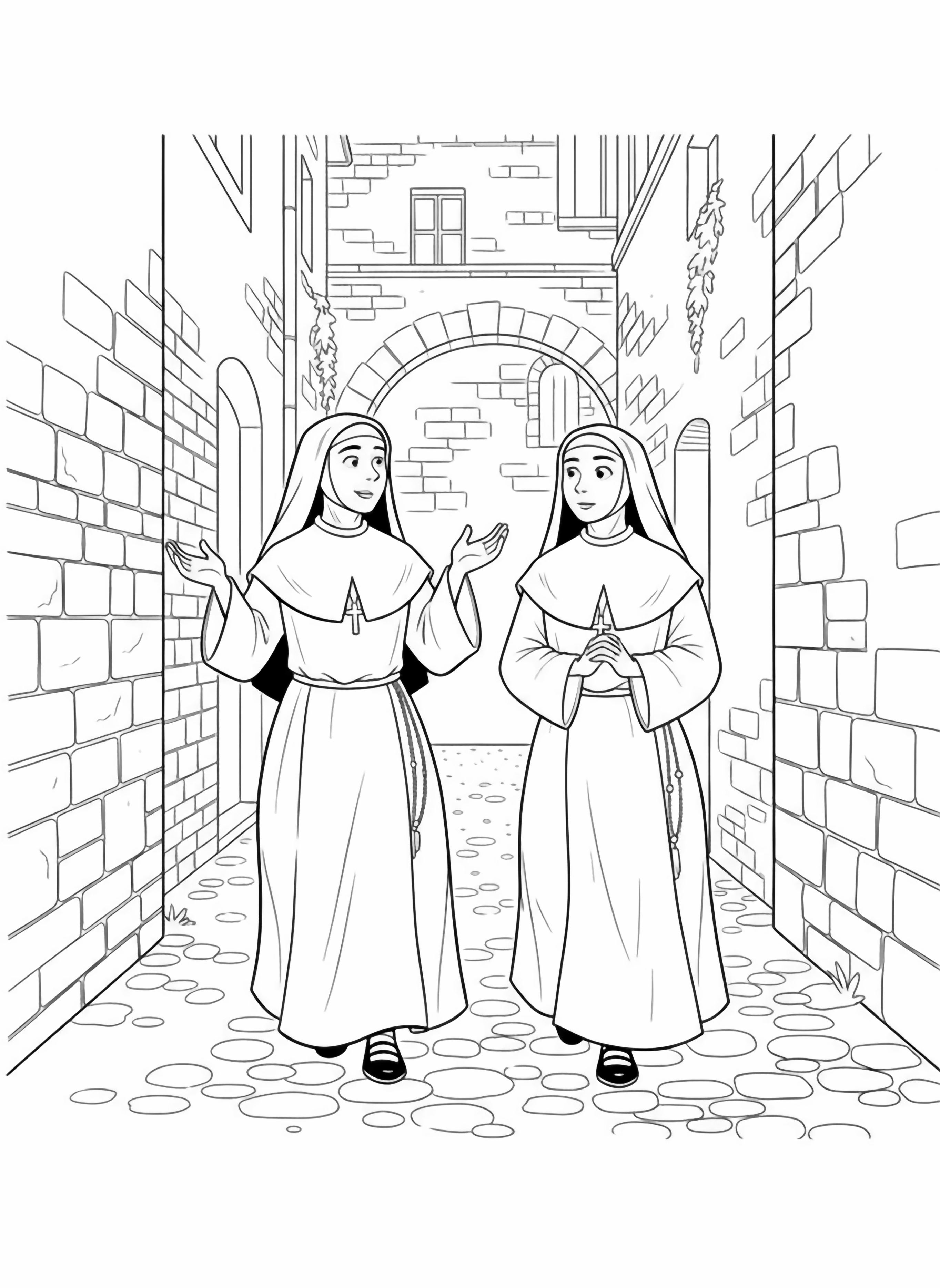 A black and white page showing two cheerful nuns strolling through a narrow Roman alley Sister Maria and Sister Rosa walk side by side their long habits gently swaying as they move Their faces are bright with smiles as they share stories their hands gesturing expressively Ancient stone walls rise on either side clean black and white line drawing minimal shading no colour no fill kleurplaat