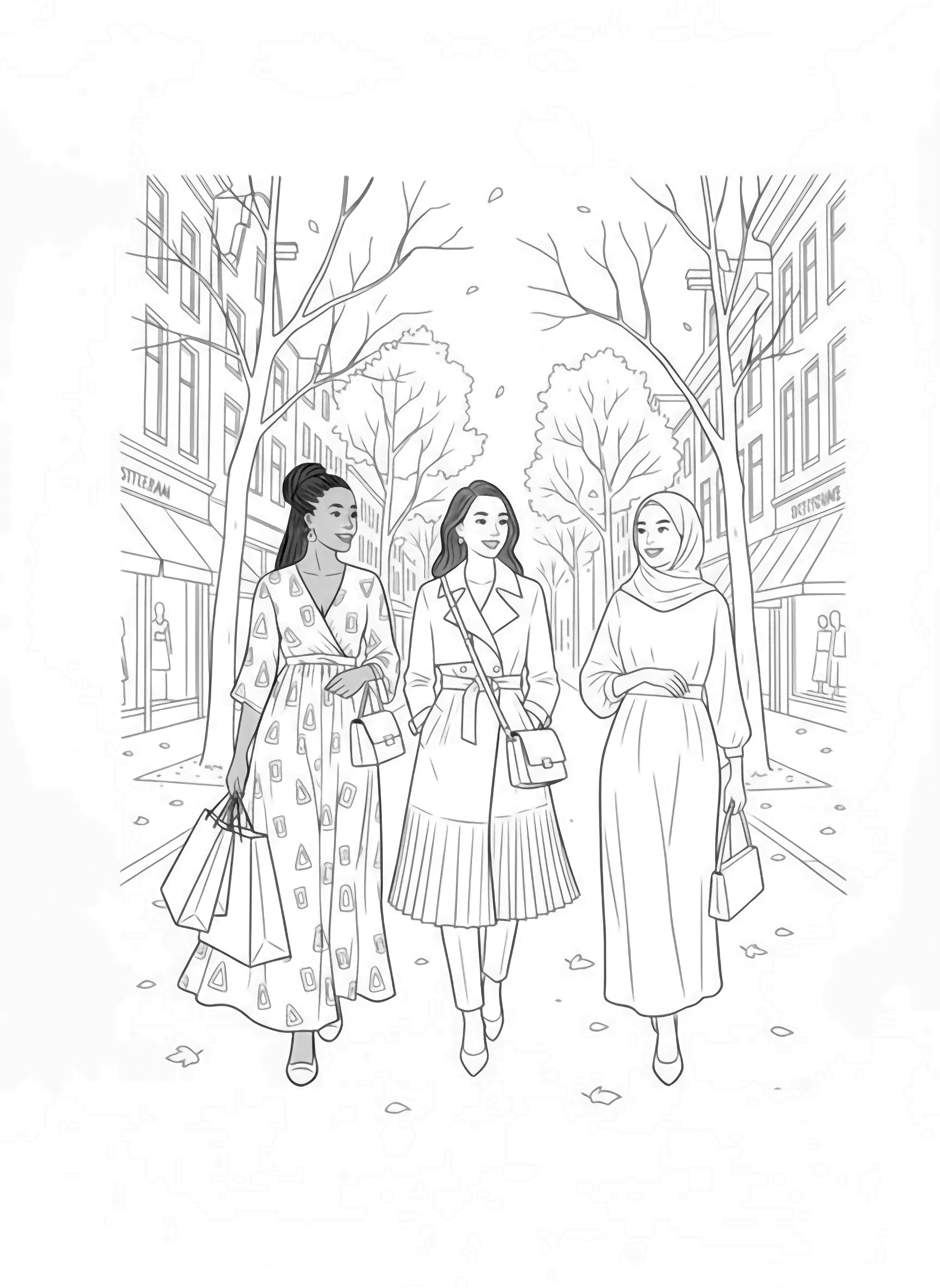 A black and white illustration of three best friends Amara from Nigeria in a flowing maxi dress Mei from China wearing a sleek trench with origami pleats and Sofa from Mexico in a fringed poncho strolling down the tree lined PC Hooftstraat in golden autumn Their clean black and white line drawing minimal shading no colour no fill kleurplaat