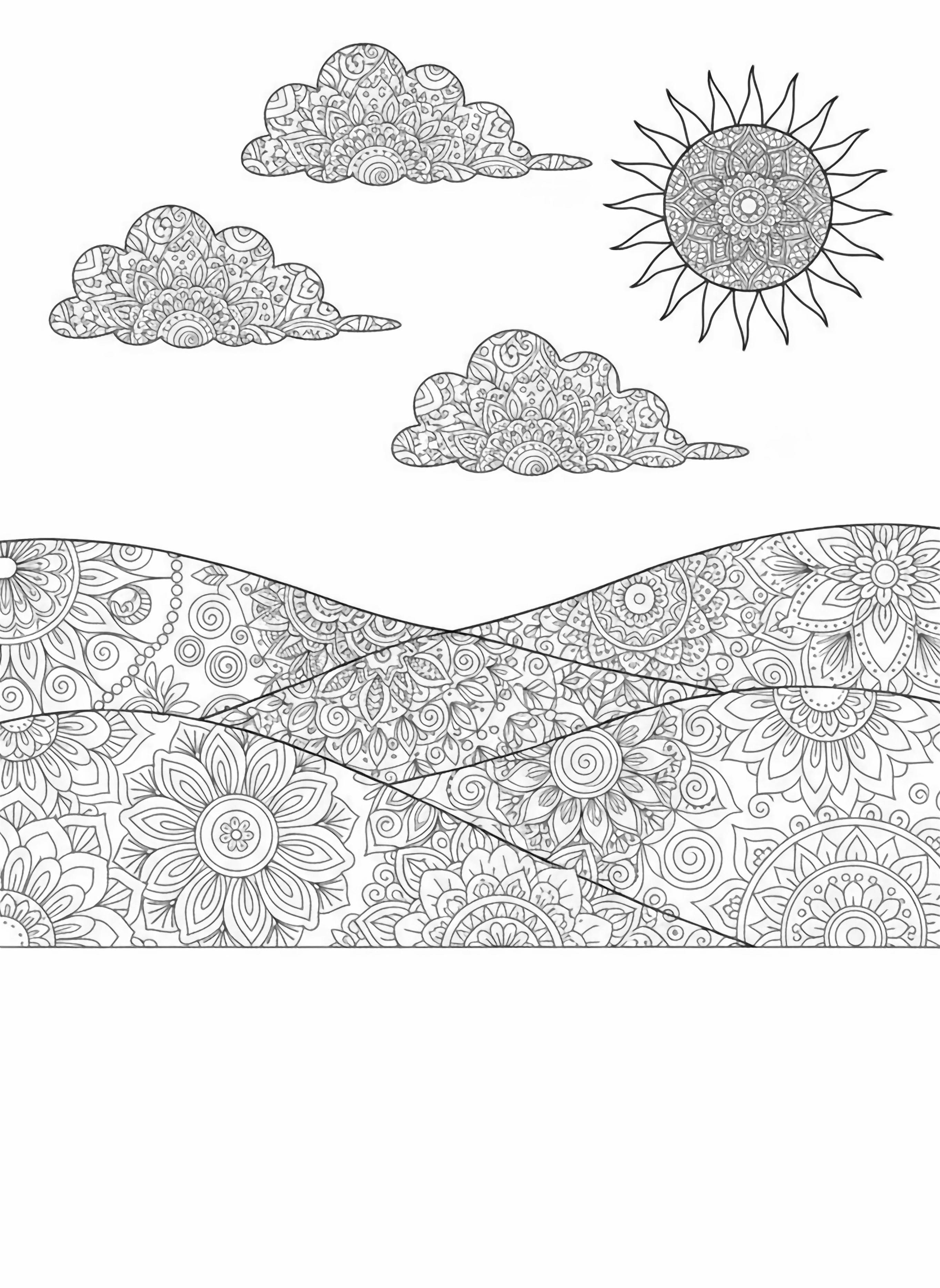 A black and white illustration of a rolling landscape with gentle hills completely covered in giant mandala patterns Each hill is decorated with intricate mandala designs spirals petals and geometric shapes that invite creative A joyful adult figure runs freely across the hills with arms outstretched their hair flowing in the wind clean black and white line drawing minimal shading no colour no fill kleurplaat