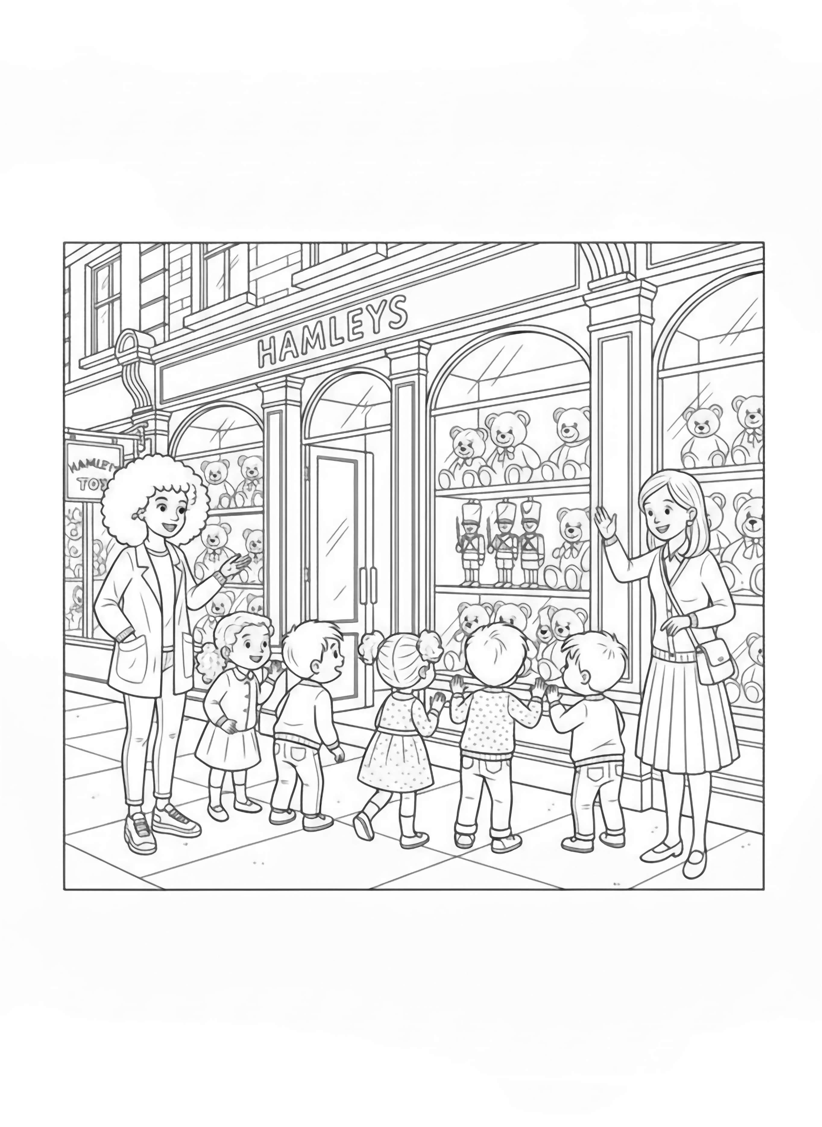 A black and white page showing a cheerful group of children with various hairstyles and clothing styles standing outside the famous Hamleys toy shop in London The children have bright curious expressions as they peer through the windows filled with teddy bears and toy soldiers Two friendly teachers in neat skirts and cardigans point excitedly at the clean black and white line drawing minimal shading no colour no fill kleurplaat