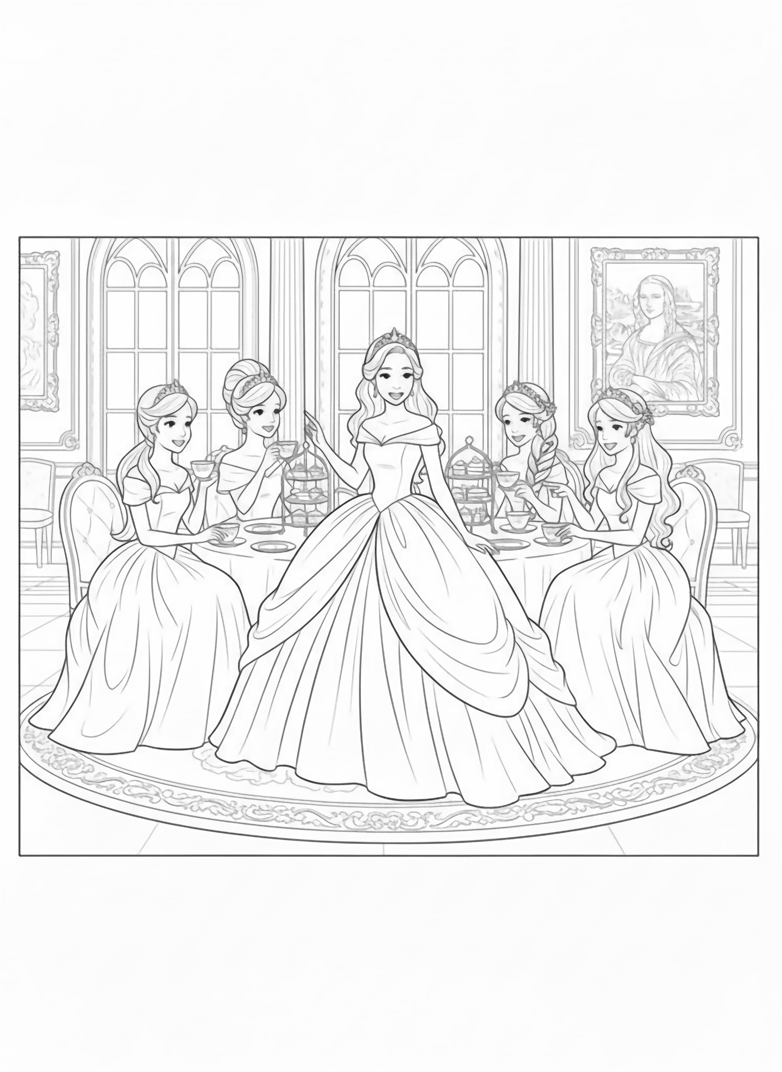 A black and white page illustration of a British princess and her princess friends enjoying afternoon tea in a grand palace hall The British princess wears a magnificent full length ball gown with a fitted bodice and voluminous skirt styled without patterns She has a gentle crown atop her softly curled hair Her princess friends also wear clean black and white line drawing minimal shading no colour no fill kleurplaat