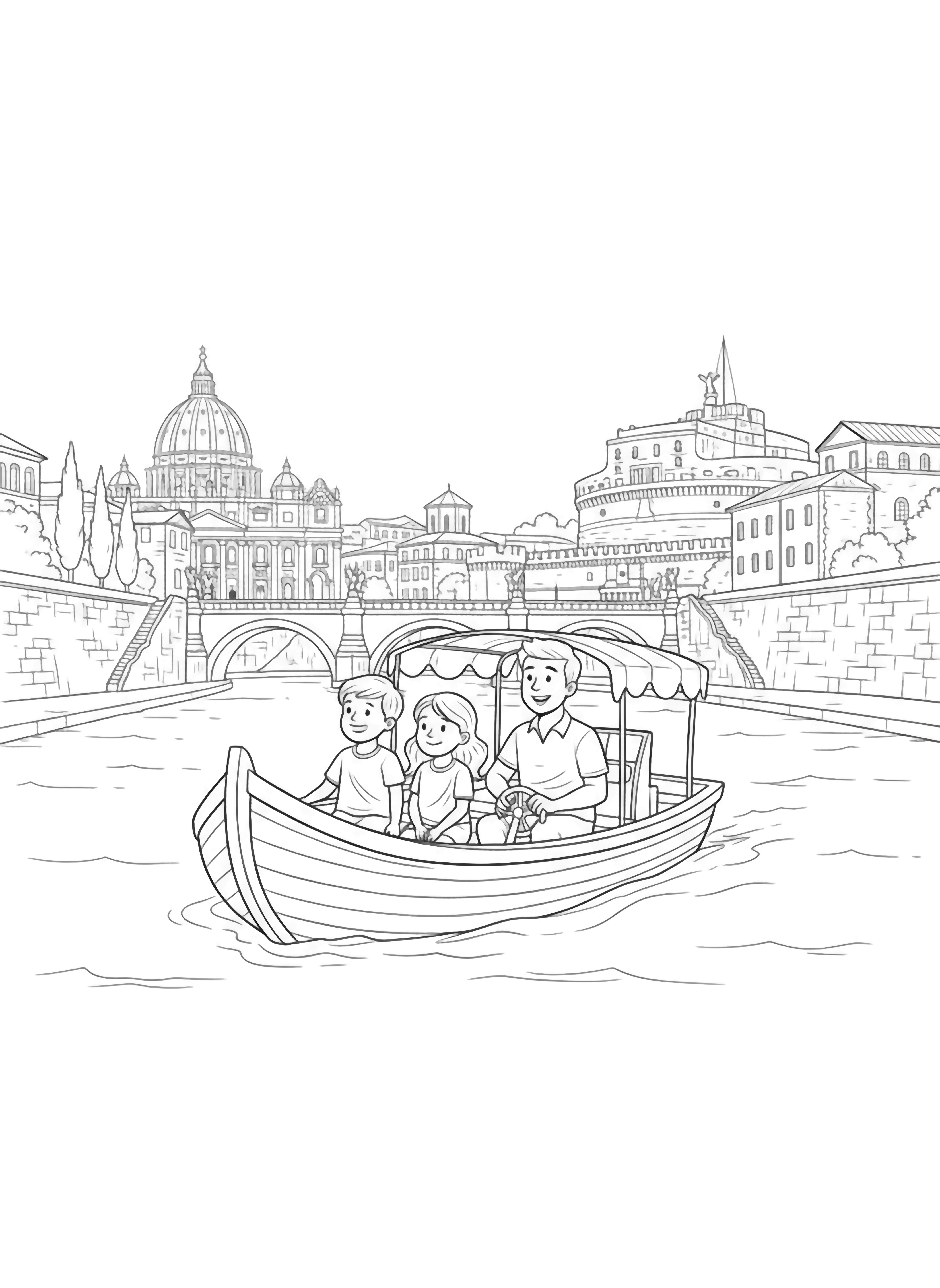 Een zwart-witte pagina toont twee vrolijke kinderen met hun ouders tijdens een rustige boottocht op de Tiber in Rome. Het gezin van vier zit vrolijk in een openlucht rondvaartboot; de kinderen wijzen enthousiast naar de historische gebouwen langs de oever. Klassieke Romeinse architectuur omlijst het tafereel, met de kenmerkende koepel van St. Een schone zwart-wit lijntekening, minimaal geschetst, zonder kleur of opvulling. kleurplaat