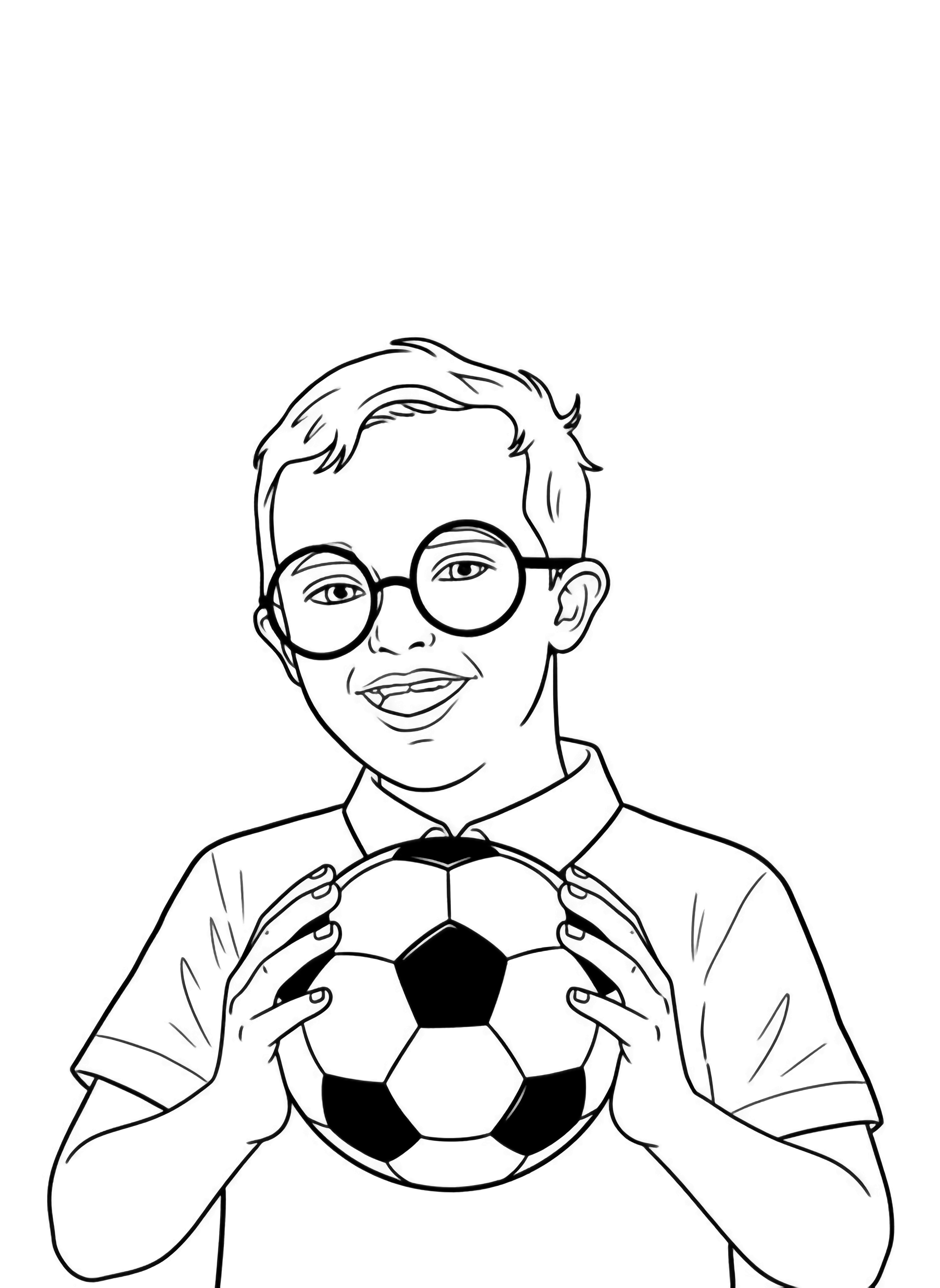 A smiling young boy wearing glasses and a yellow sweater with blue letters, depicted in a close up portrait against a simple red background. kleurplaat