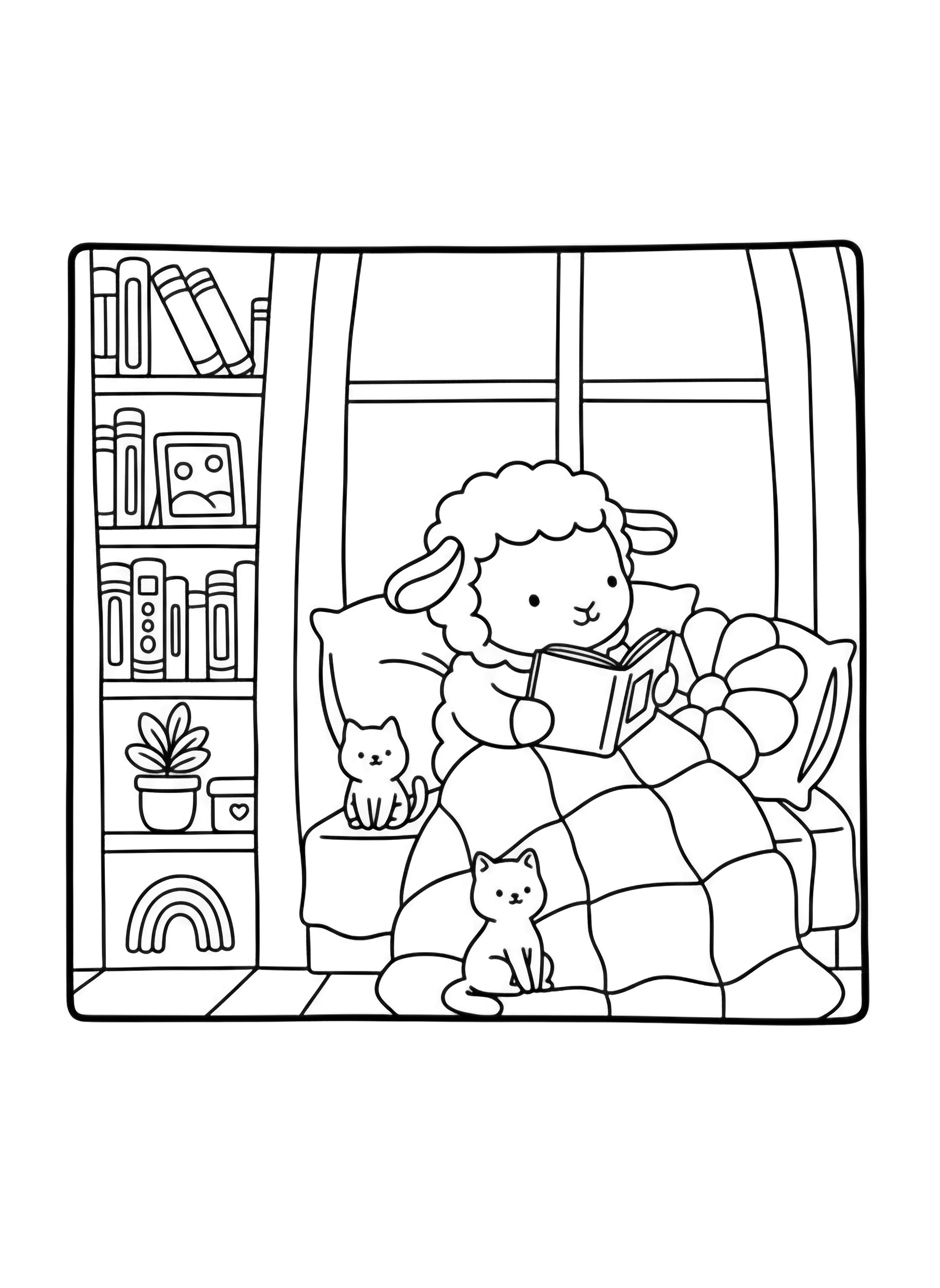A cute mouse reads a book in bed, covered by a checkered blanket, with two small cats nearby; a bookshelf filled with books and decorations sits to the right, and flowers hang above. kleurplaat