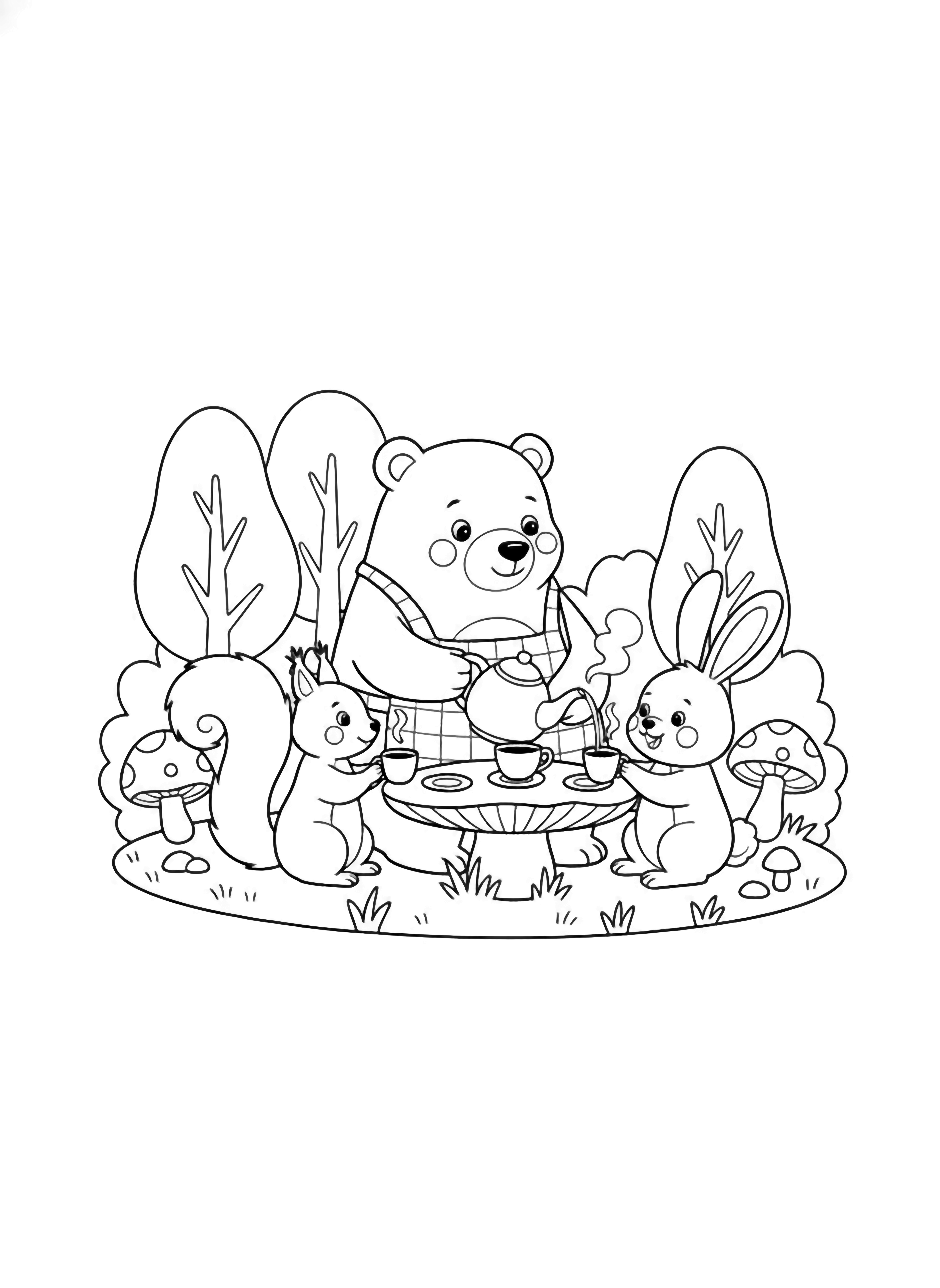 A black and white page showing a delightful forest picnic where a big round bear wearing a tiny apron serves tea to a squirrel with a fluffy curly tail and a smiling bunny with long floppy ears They sit around a low round table made from a giant mushroom set in a clearing of simple rounded trees clean black and white line drawing minimal shading no colour no fill kleurplaat