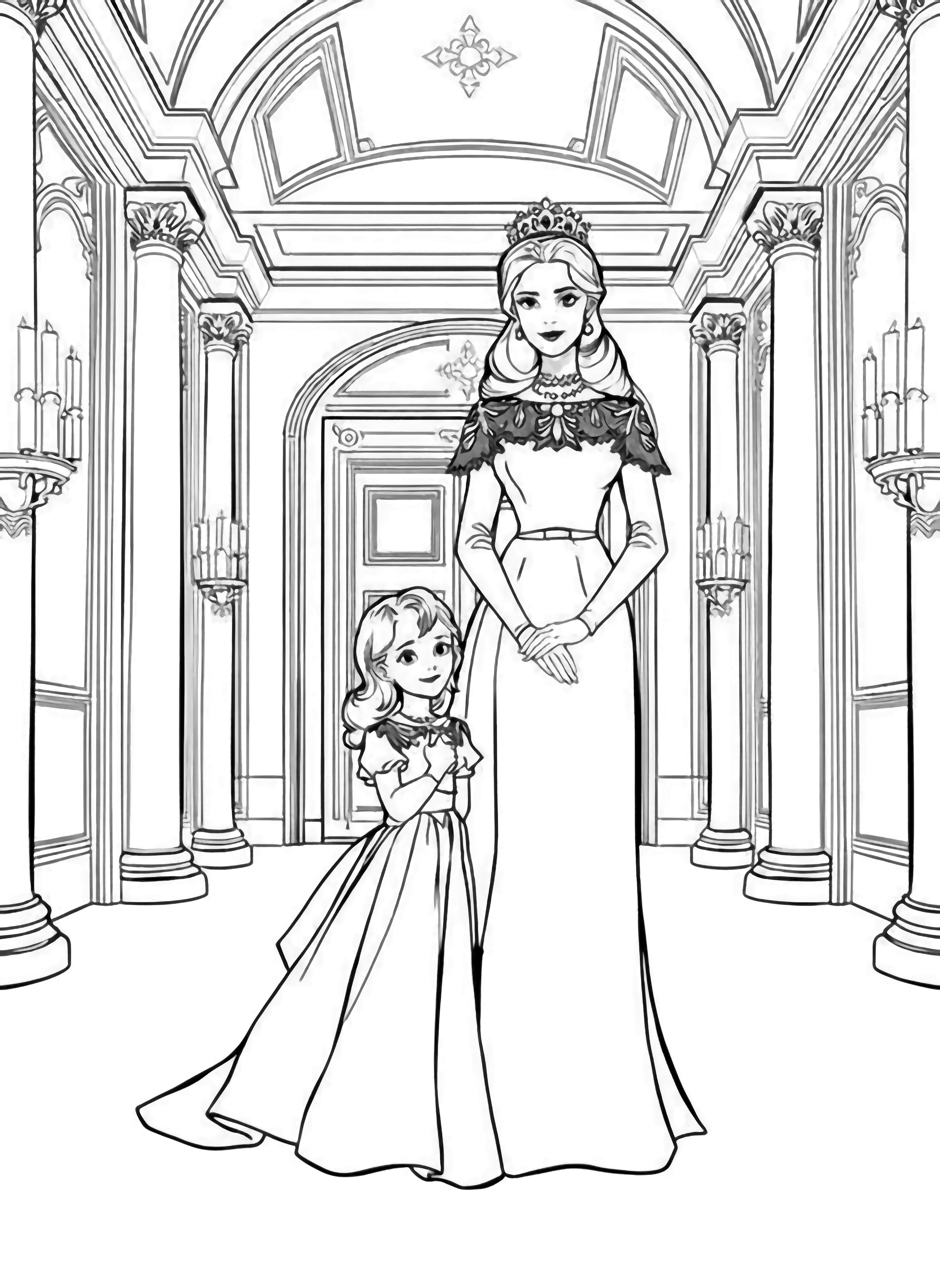 A black and white illustration of a British princess and her young princess daughter standing together in a grand palace hall The princess mother wears an elegant long gown with wide flowing skirts ornate sleeves and a high collar while her daughter mirrors her style in a smaller version of the royal dress Their faces are serene and graceful clean black and white line drawing minimal shading no colour no fill kleurplaat