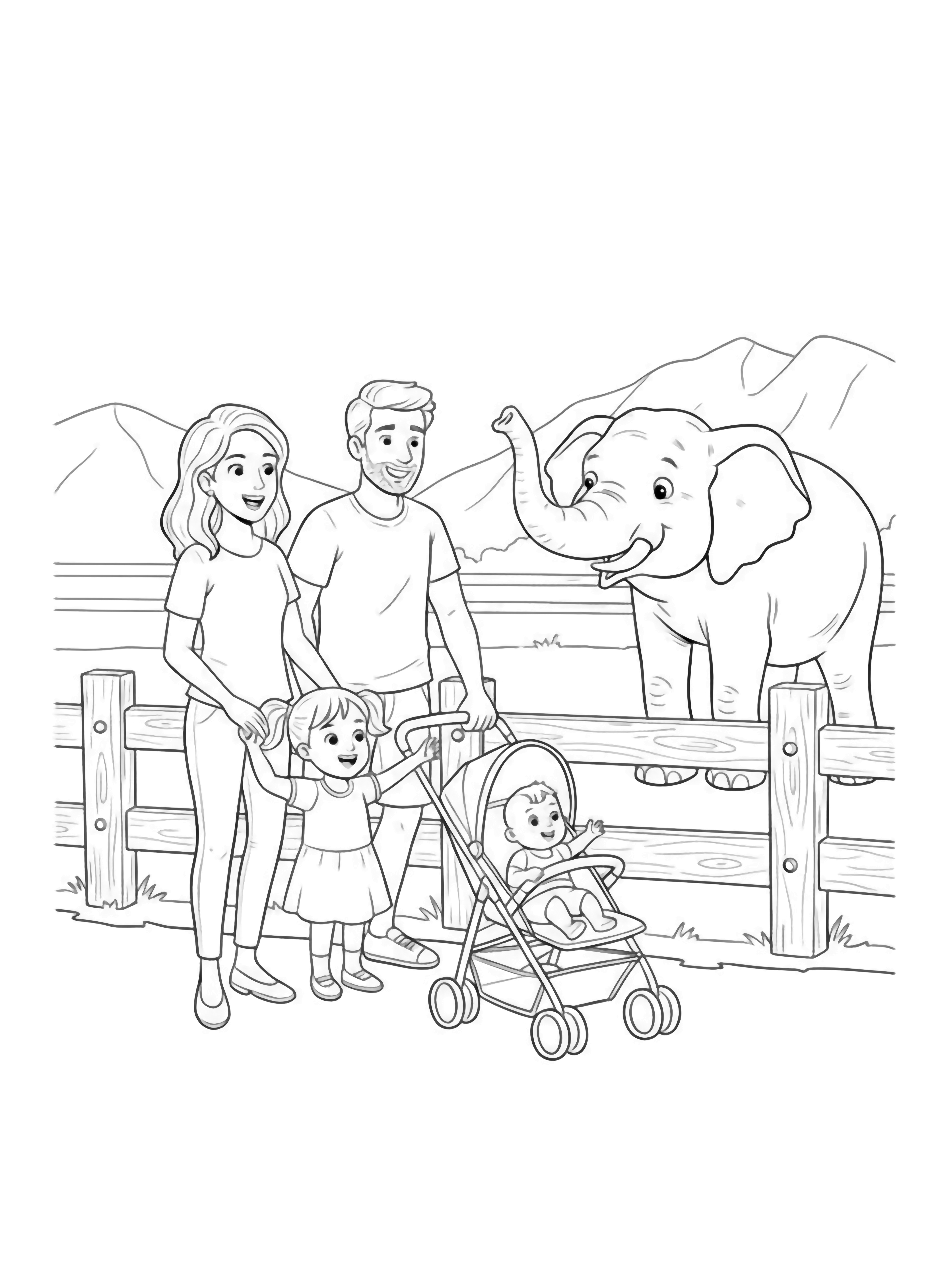 A smiling family, including a man, woman, toddler girl, and baby in a stroller, observes a large elephant behind a wooden fence at a zoo under a cloudy blue sky, in a cartoon book style. kleurplaat
