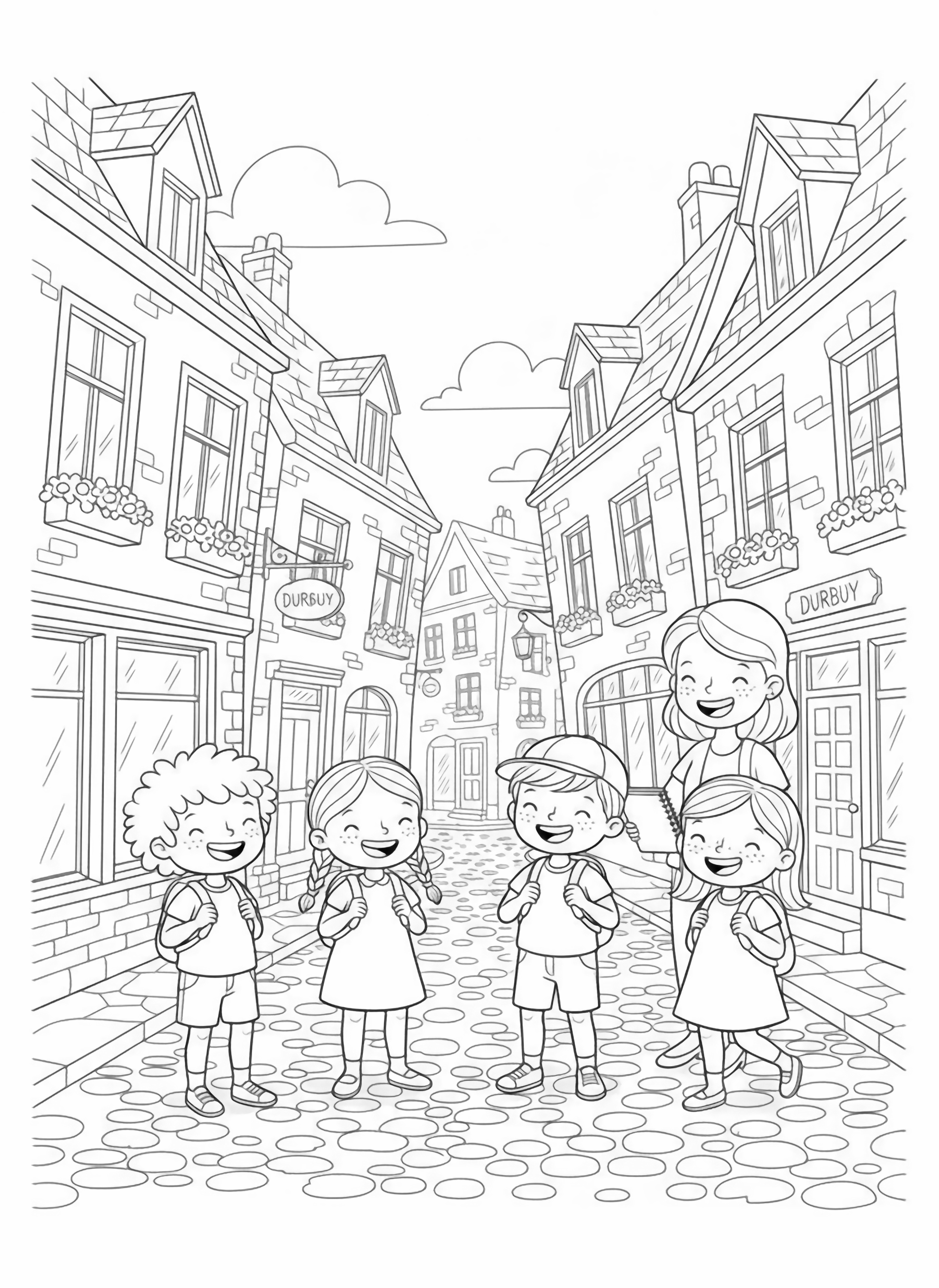 A joyful black and white page showing four smiling children and their cheerful teacher exploring the tiny cobblestone lanes of Durb The children wear tiny backpacks one has curly hair another two braids one wears a little cap and the fourth has playful freckles Their teacher carries a sketchbook clean black and white line drawing minimal shading no colour no fill kleurplaat