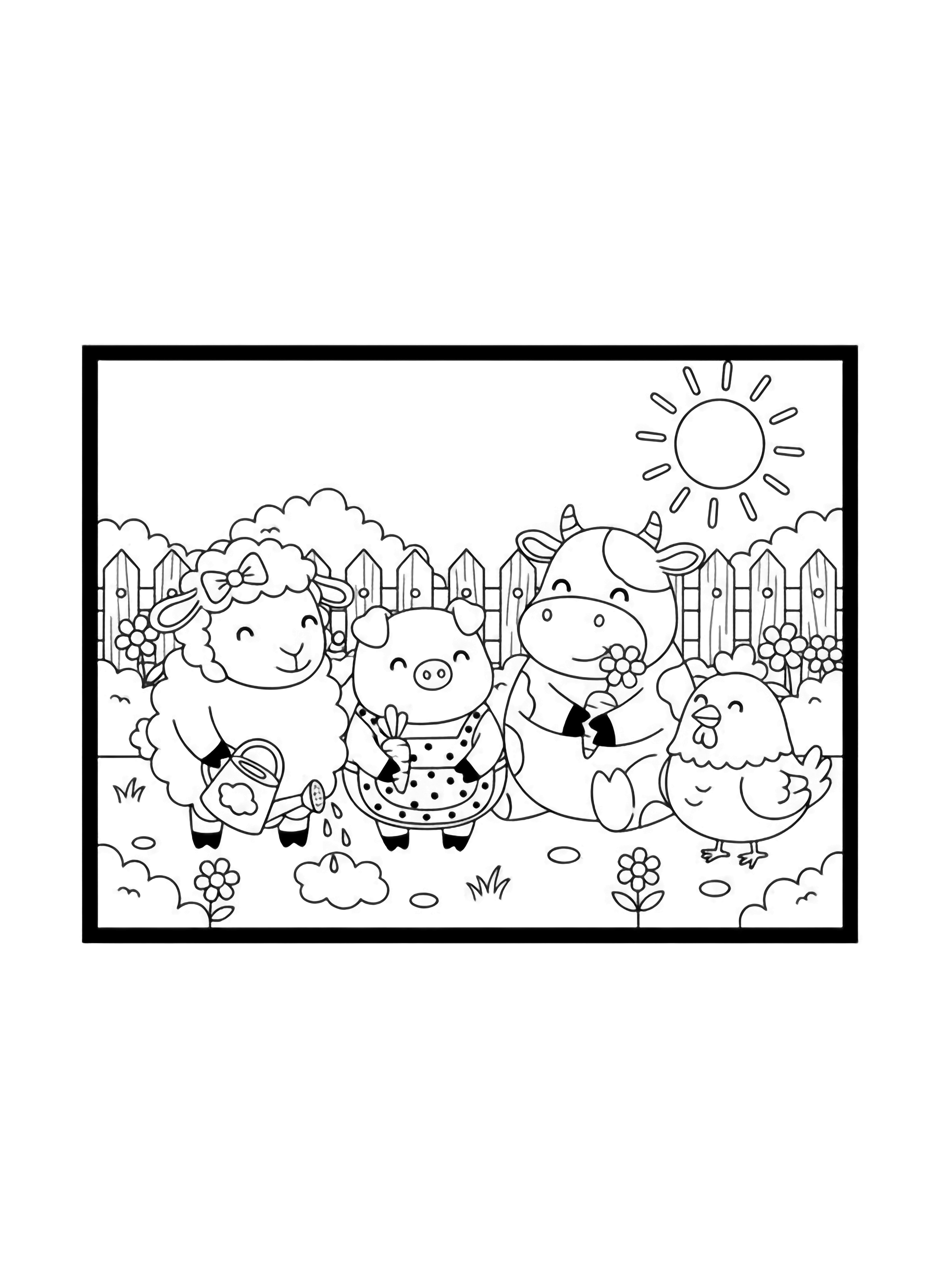 A black and white page bursting with farmyard joy: four round roly poly friends share a sunny garden inside a neat square frame The fluffy sheep wears a tiny bow between its ears and holds a watering can shaped like a cloud Beside it the smiling pig in a dotted apron clutches a clean black and white line drawing minimal shading no colour no fill kleurplaat