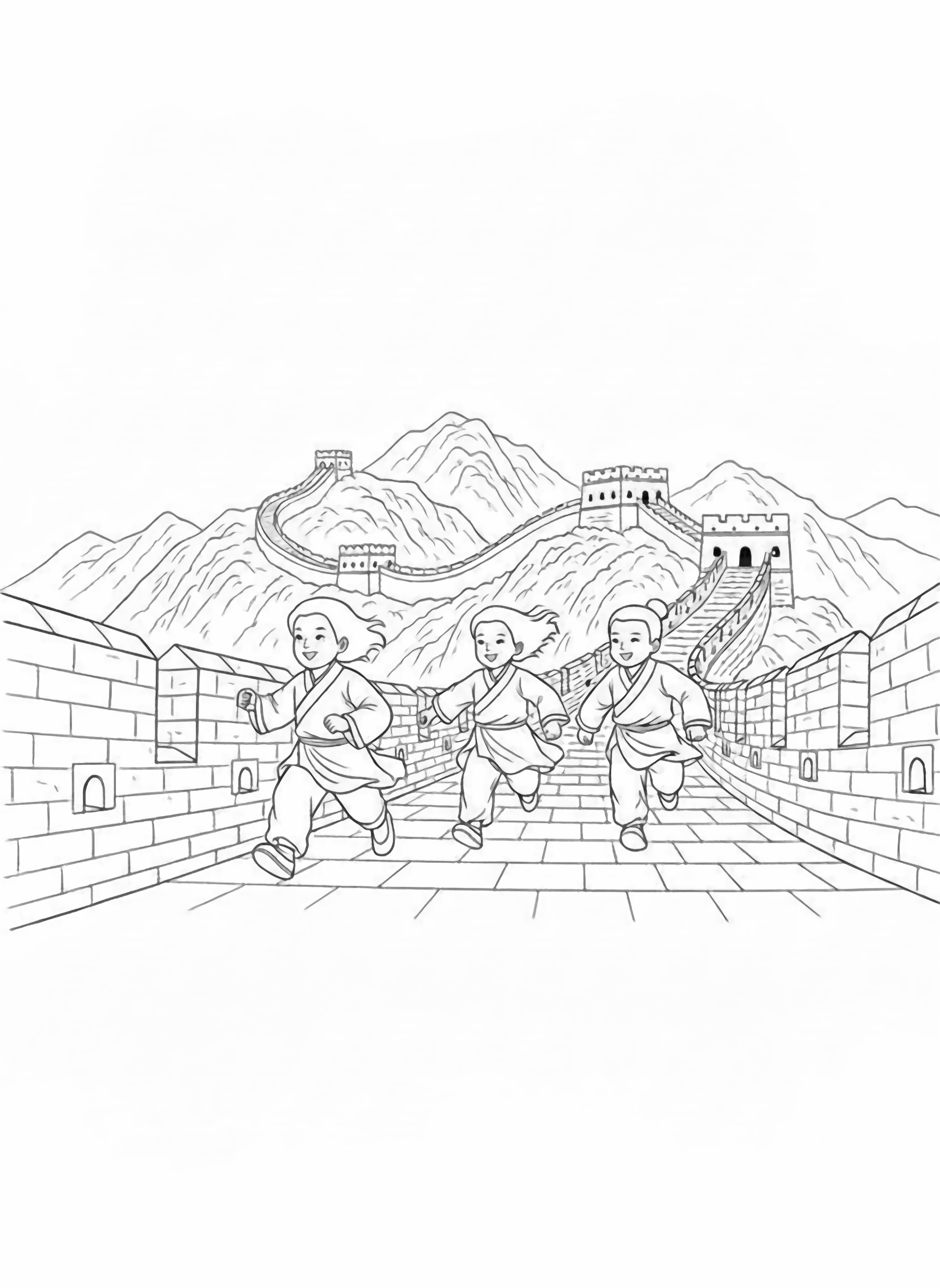 A black and white illustration of three cheerful children running along the ancient stones of the Great Wall of China The children wear traditional Chinese clothing with flowing robes and simple shoes their hair flowing in the wind as they playfully race each other The Great Wall stretches dramatically across rolling mountains its watchtowers standing tall in clean black and white line drawing minimal shading no colour no fill kleurplaat