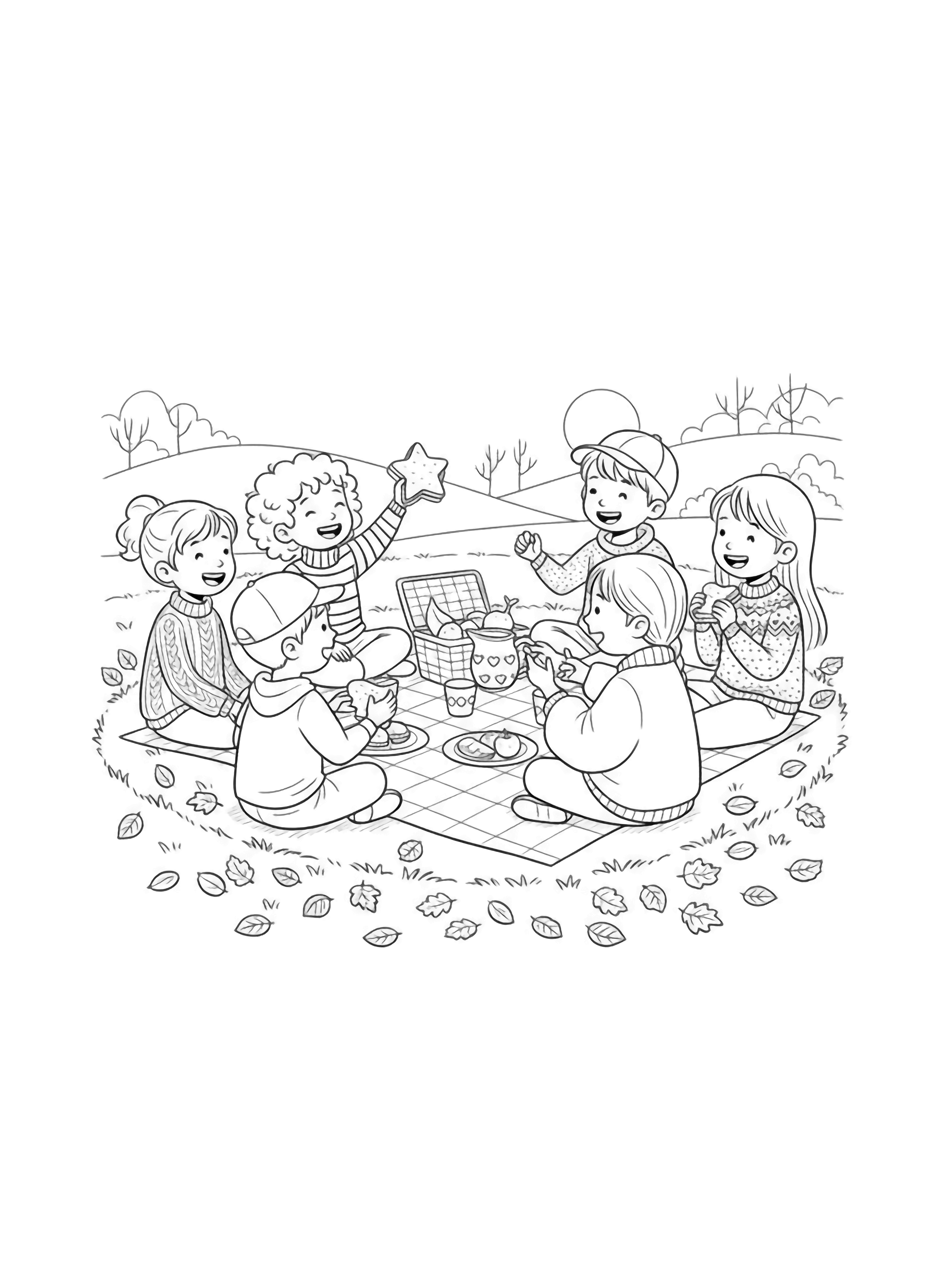 A black and white page showing a cheerful picnic blanket spread on soft grass where five children of different backgrounds share a joyful meal One child with curly hair holds up a sandwich shaped like a star another with straight braided hair offers a pitcher of juice decorated with tiny hearts while a third child wearing a playful cap is clean black and white line drawing minimal shading no colour no fill kleurplaat