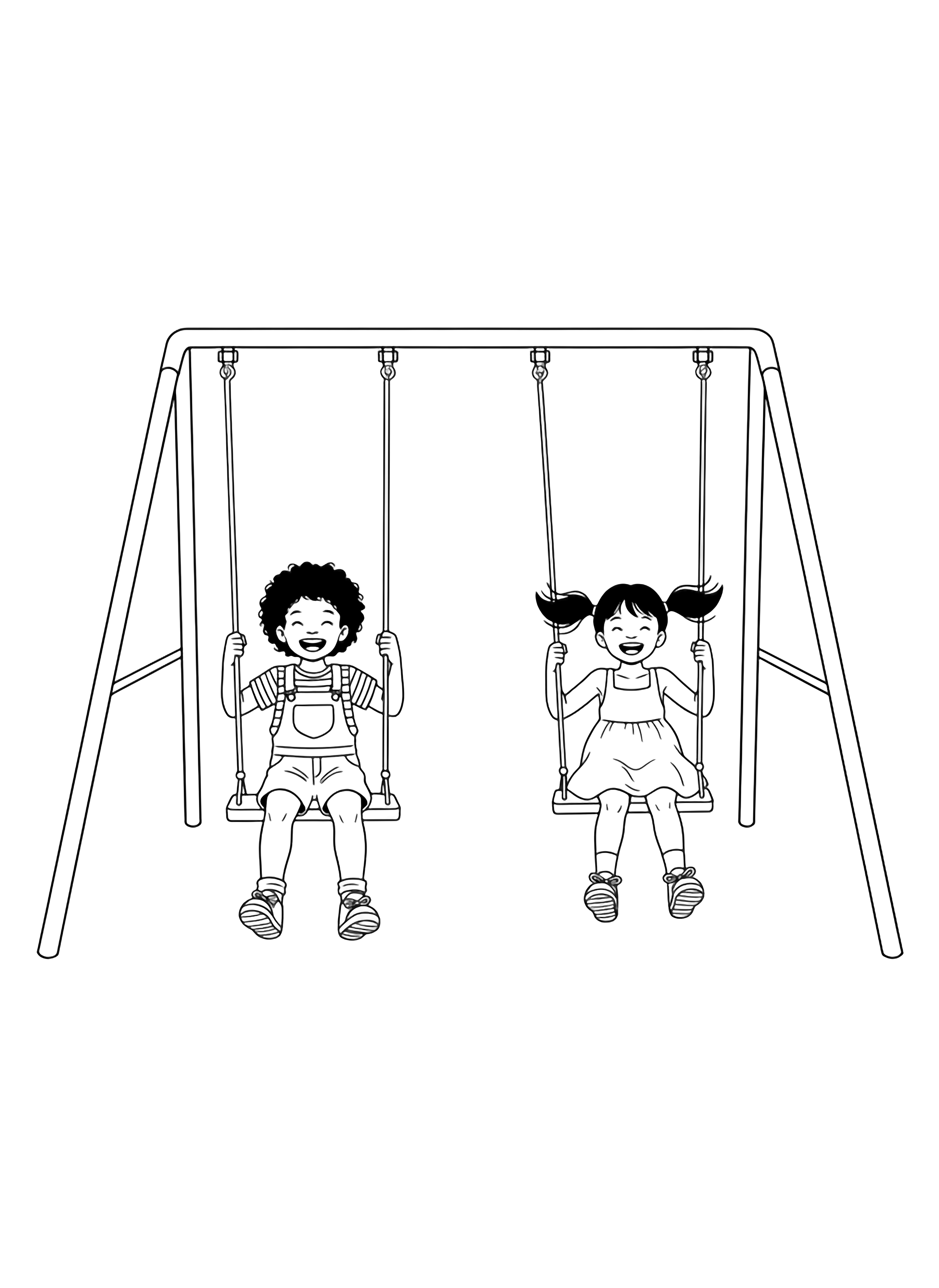 A black and white illustration of two happy 5 year old friends on swings One child has curly hair and wears a striped t shirt with overalls while the other has straight hair in pigtails and wears a simple dress with sneakers They are both smiling widely as they swing through the air their hair flowing behind clean black and white line drawing minimal shading no colour no fill kleurplaat