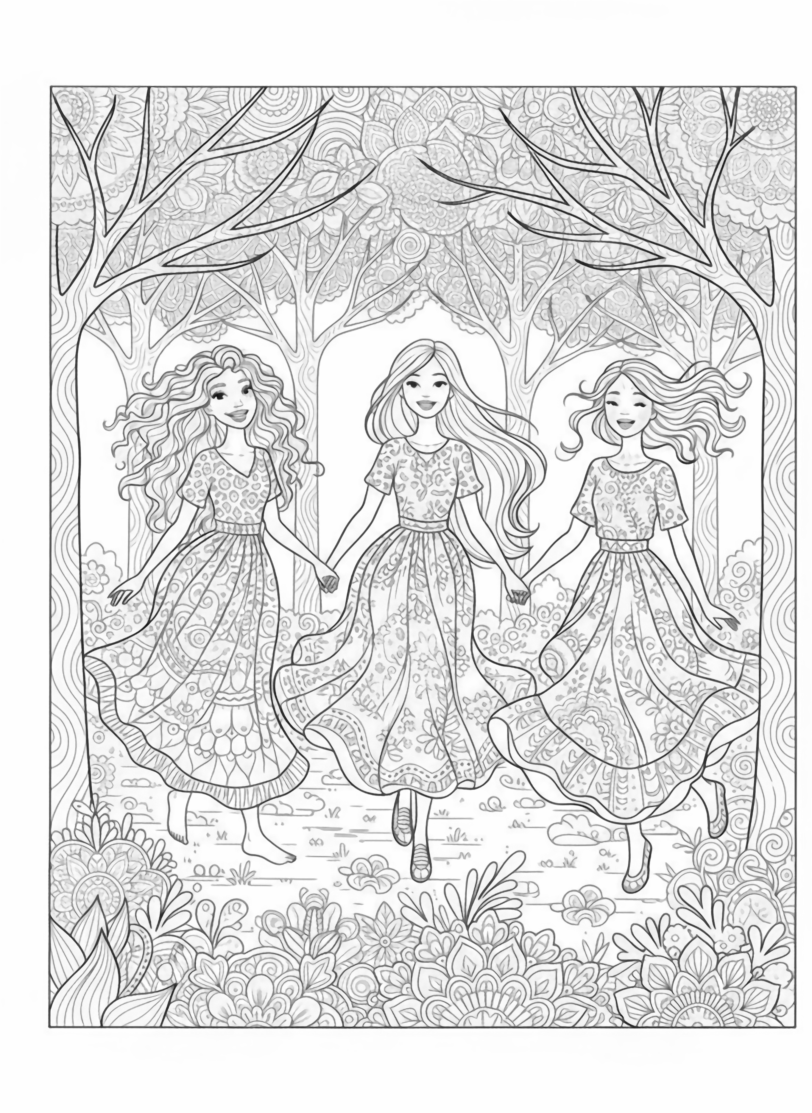 A black and white illustration of three cheerful girlfriends strolling leaping and twirling through a magical mandala forest The girls wear flowing dresses with pretty patterns and their hair is styled in braids buns and ponytails that dance in the breeze as they move Their faces show bright smiles and eyes clean black and white line drawing minimal shading no colour no fill kleurplaat