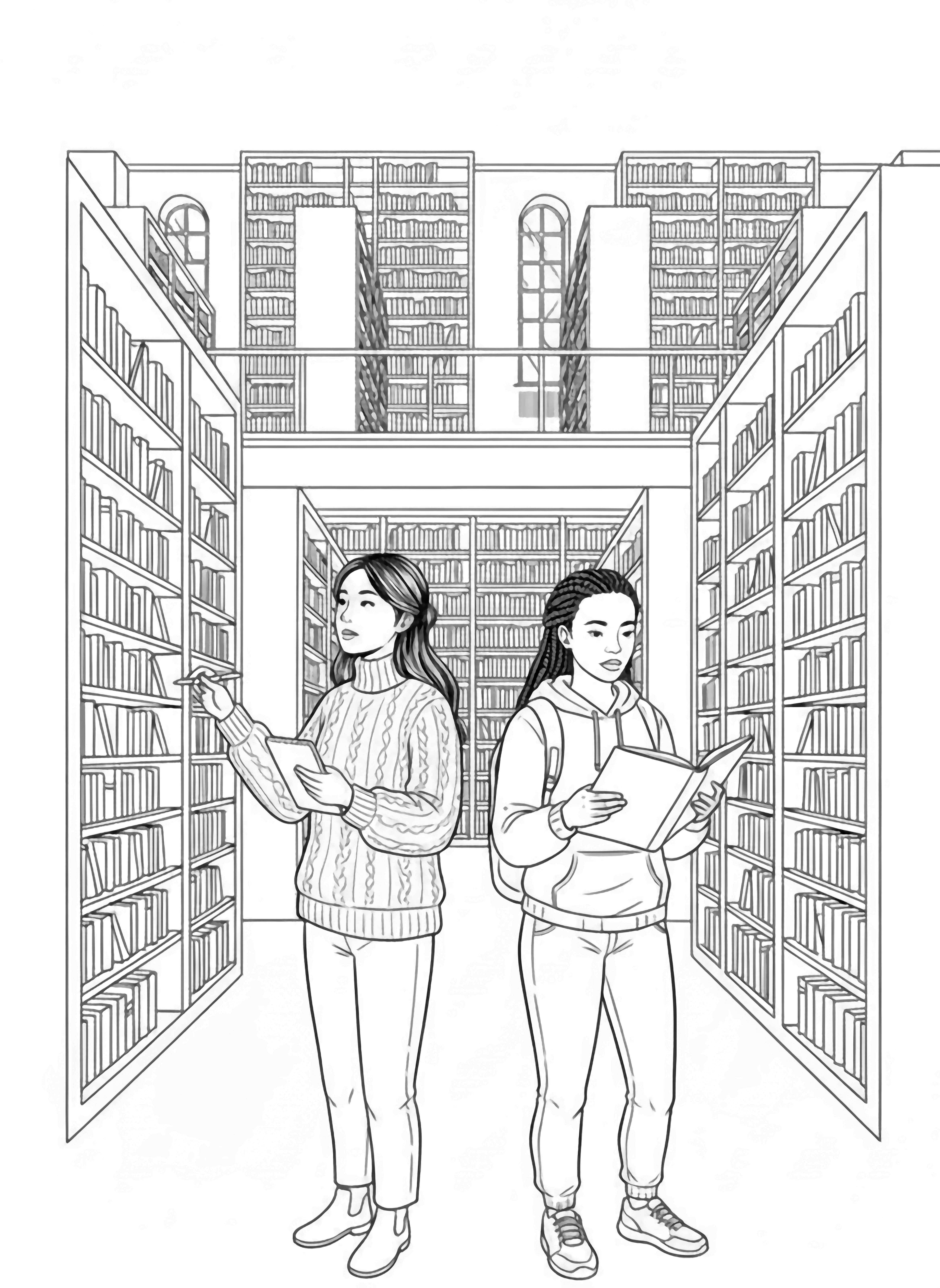 A black and white illustration of a cheerful woman exploring a grand modern library She wears a cozy sweater with a flowing scarf and carries a canvas tote bag slung over her shoulder Autumn leaves drift gently through the open windows creating leaf patterns on the floor Towering bookshelves stretch from floor to ceiling filled with clean black and white line drawing minimal shading no colour no fill kleurplaat