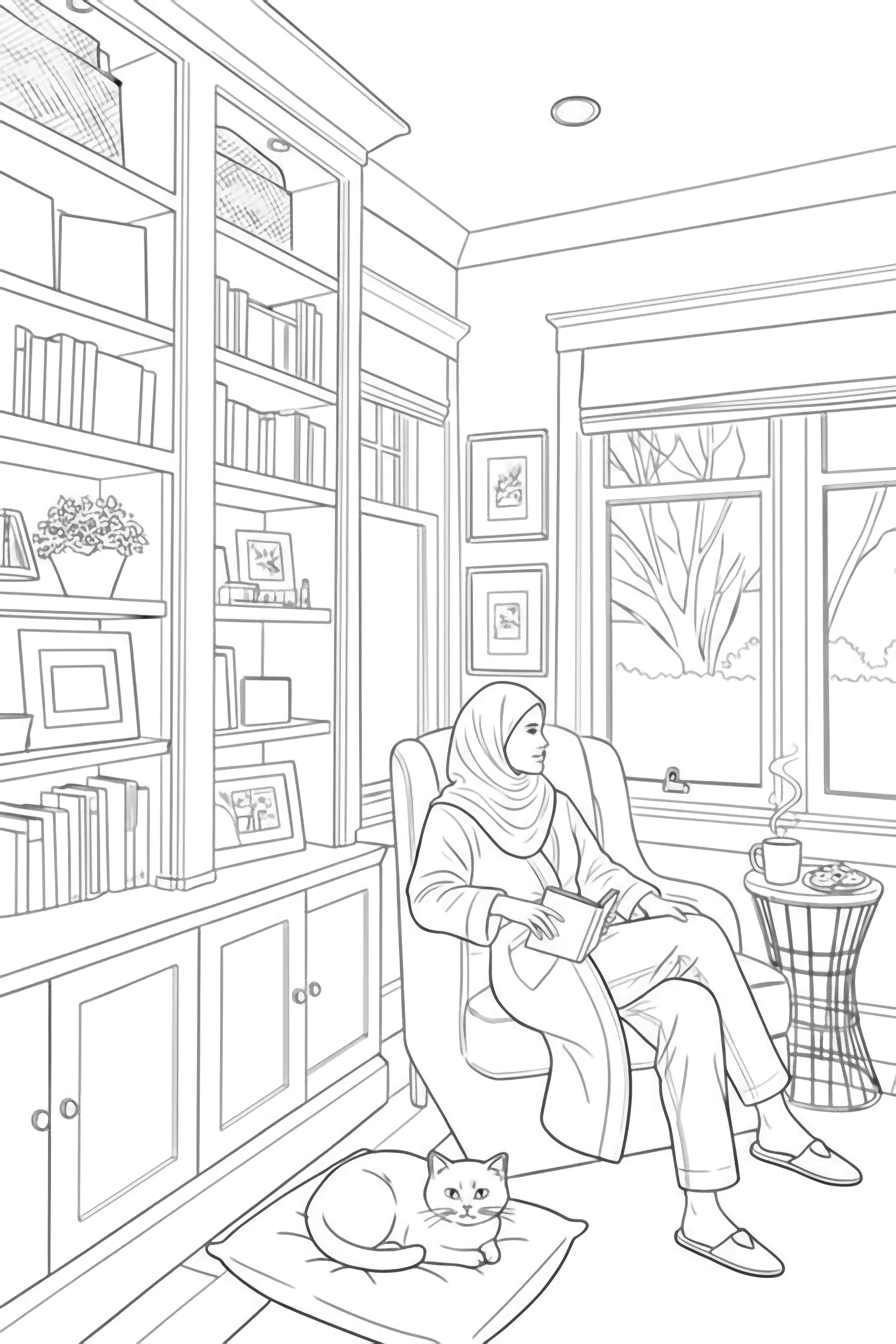 A cozy reading corner with a plush armchair and patterned pillow next to a tall built in bookshelf, with a window view of bare trees and a potted plant on a small side table. kleurplaat