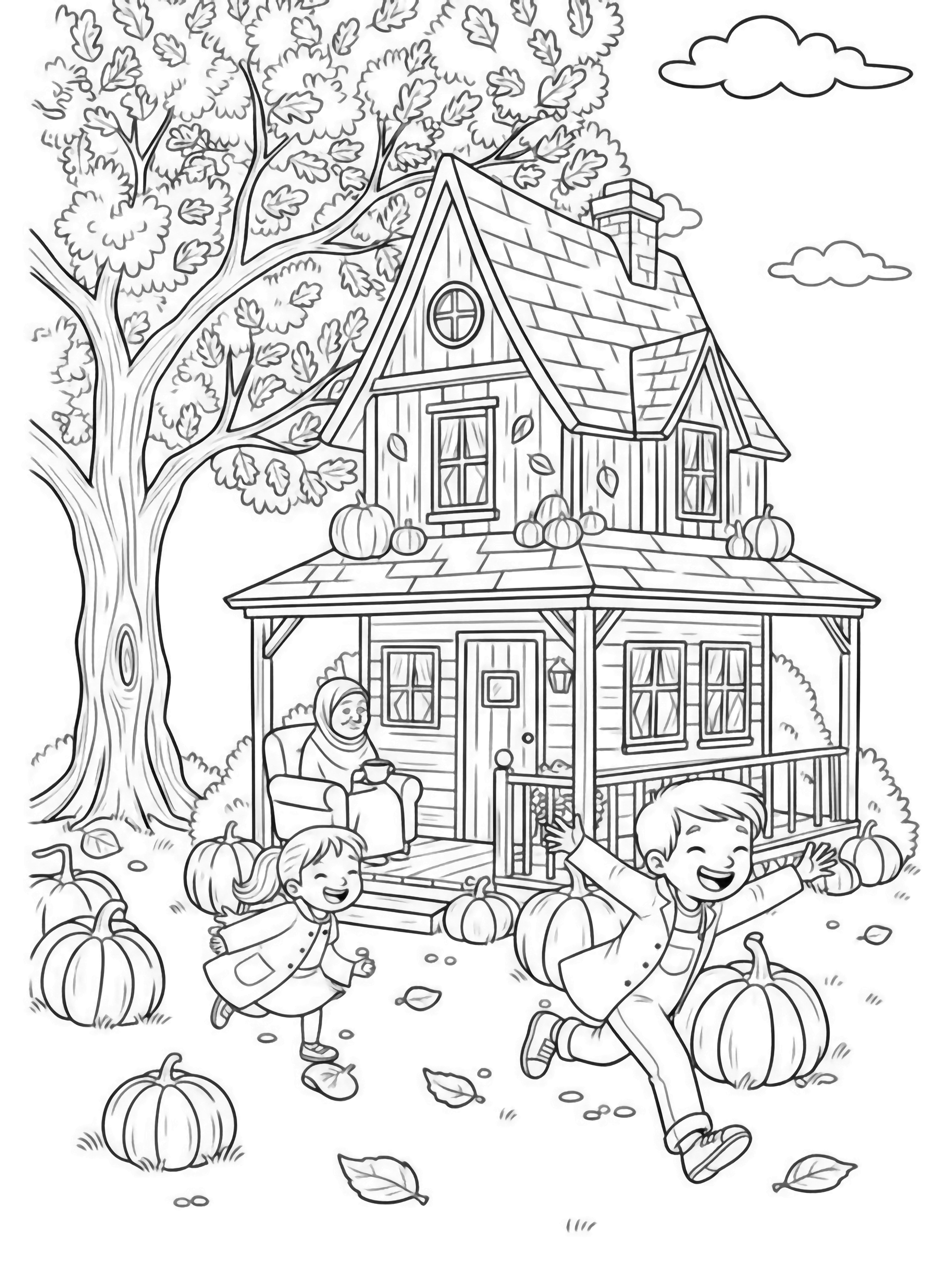 A black and white page of a cozy autumn house with a welcoming porch A fluffy rabbit named Flopsy sits contentedly in a wooden rocking chair wrapped in a knitted blanket with a cheerful zig zag pattern The rabbit holds a steaming mug marked "chocolademelk" in its paws while an clean black and white line drawing minimal shading no colour no fill kleurplaat