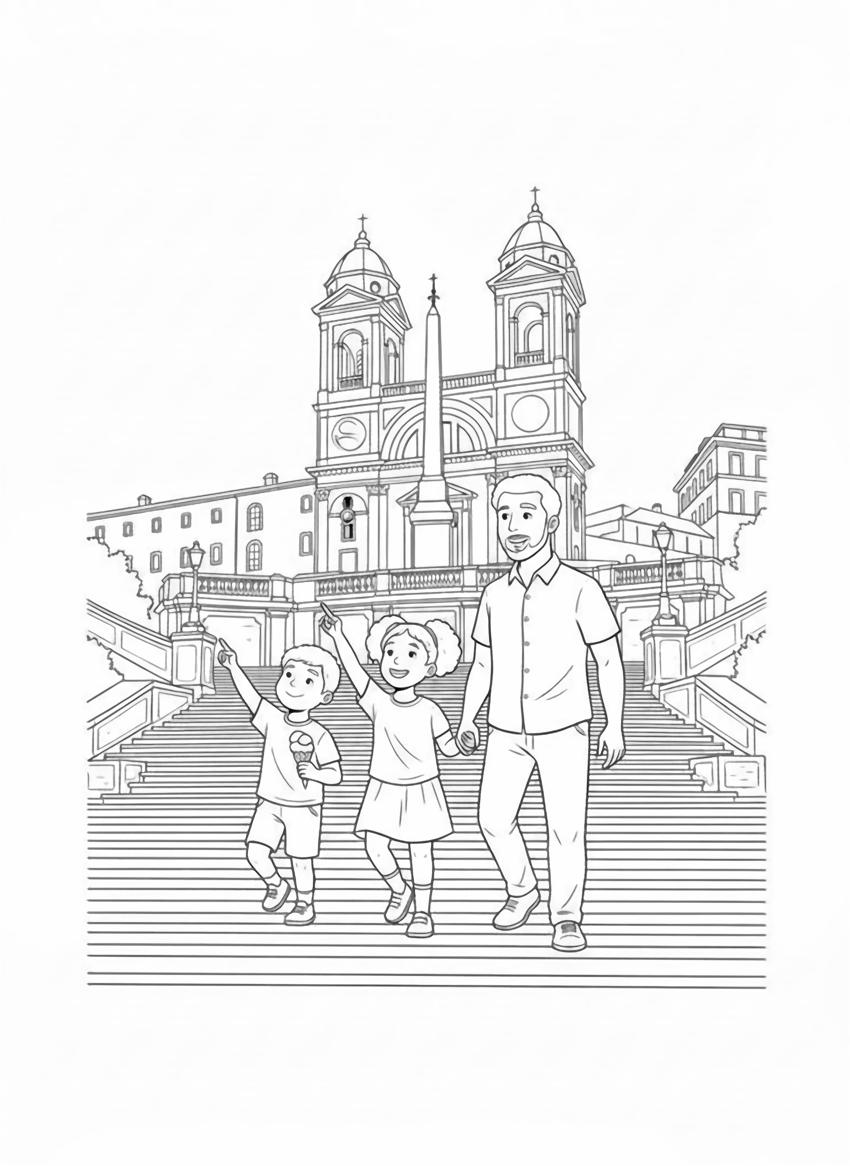 A black and white page showing two cheerful children and their smiling parents climbing the famous Spanish Steps in Rome The children are excitedly pointing at the ornate details of the Santissima Trinit al Monte Pincio church at the top while holding gelato cones The parents walk hand in hand behind them clean black and white line drawing minimal shading no colour no fill kleurplaat