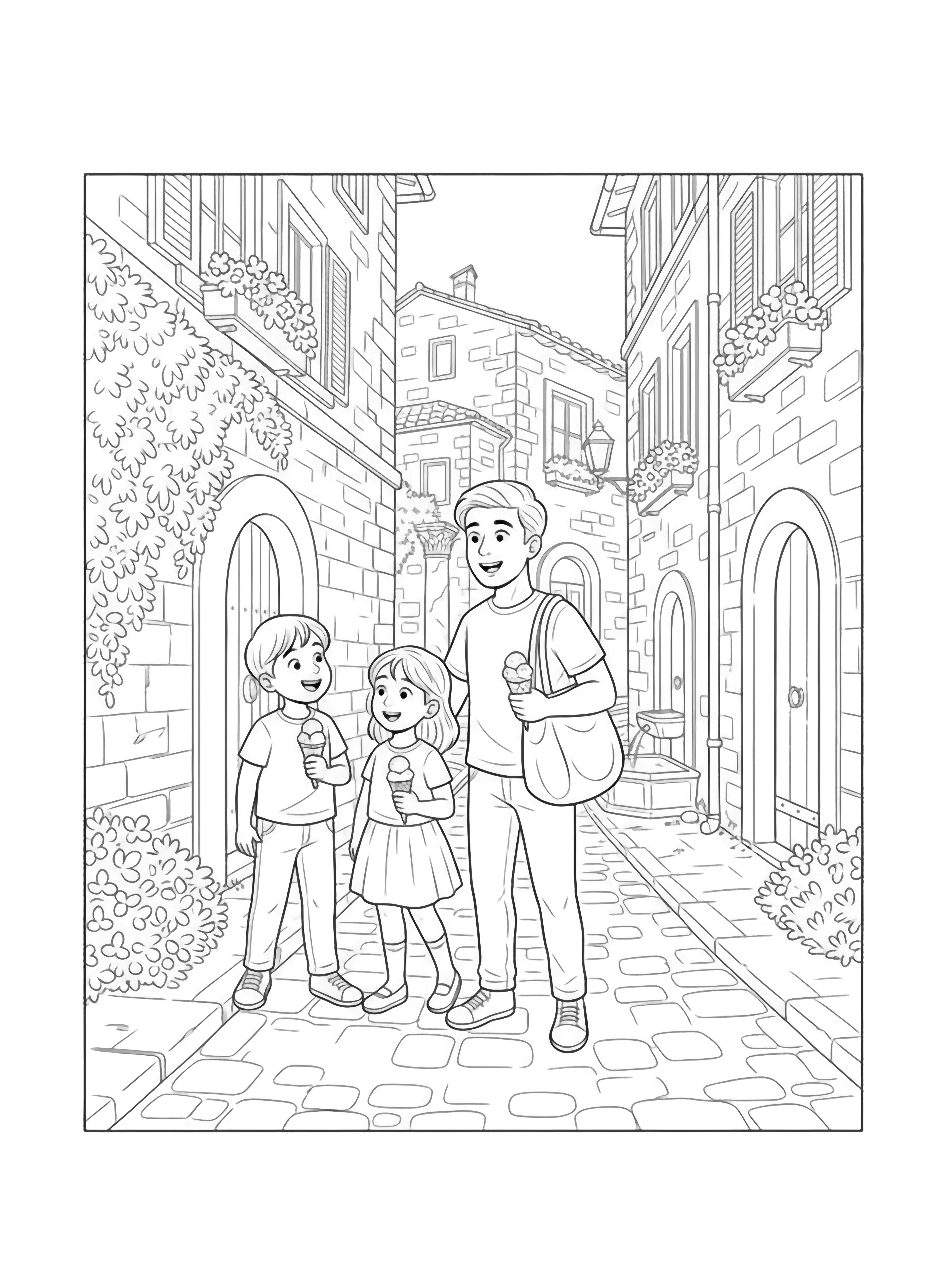 A black and white page showing two cheerful children and their parents exploring a historic Roman alley The children holding gelato cones point excitedly at ancient stone walls covered in ivy The parents smile warmly while walking hand in hand with them The narrow cobblestone path winds between weathered buildings with flower filled clean black and white line drawing minimal shading no colour no fill kleurplaat
